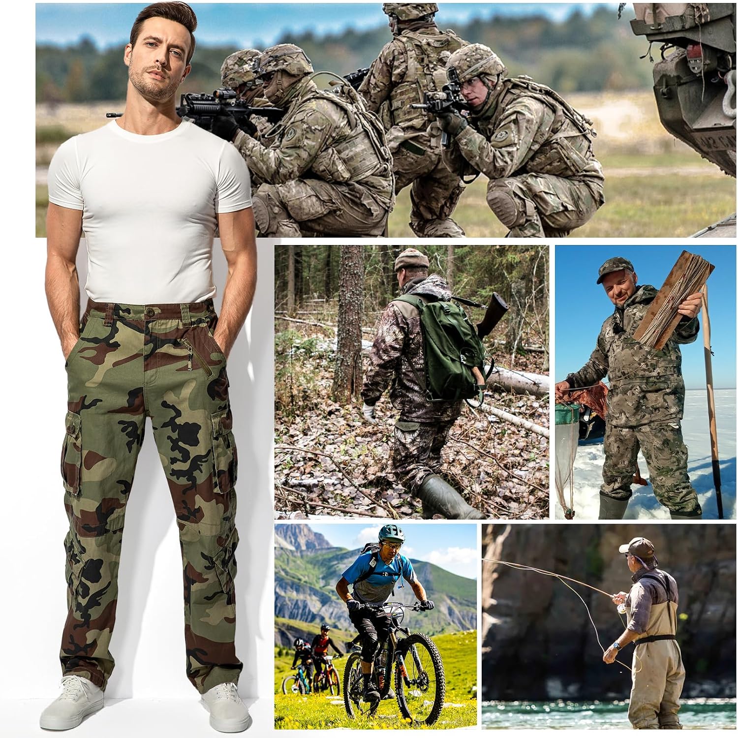 Mens Cargo Pants Camo Work Tactical Rip Stop BDU Casual Army Military Pants | 100% Cotton,Wear Resistant,Breathable,Sweat-absorbent,Men's Wild Cargo Pants with 8 Pockets,Relaxed Loose Fit Hiking Pants