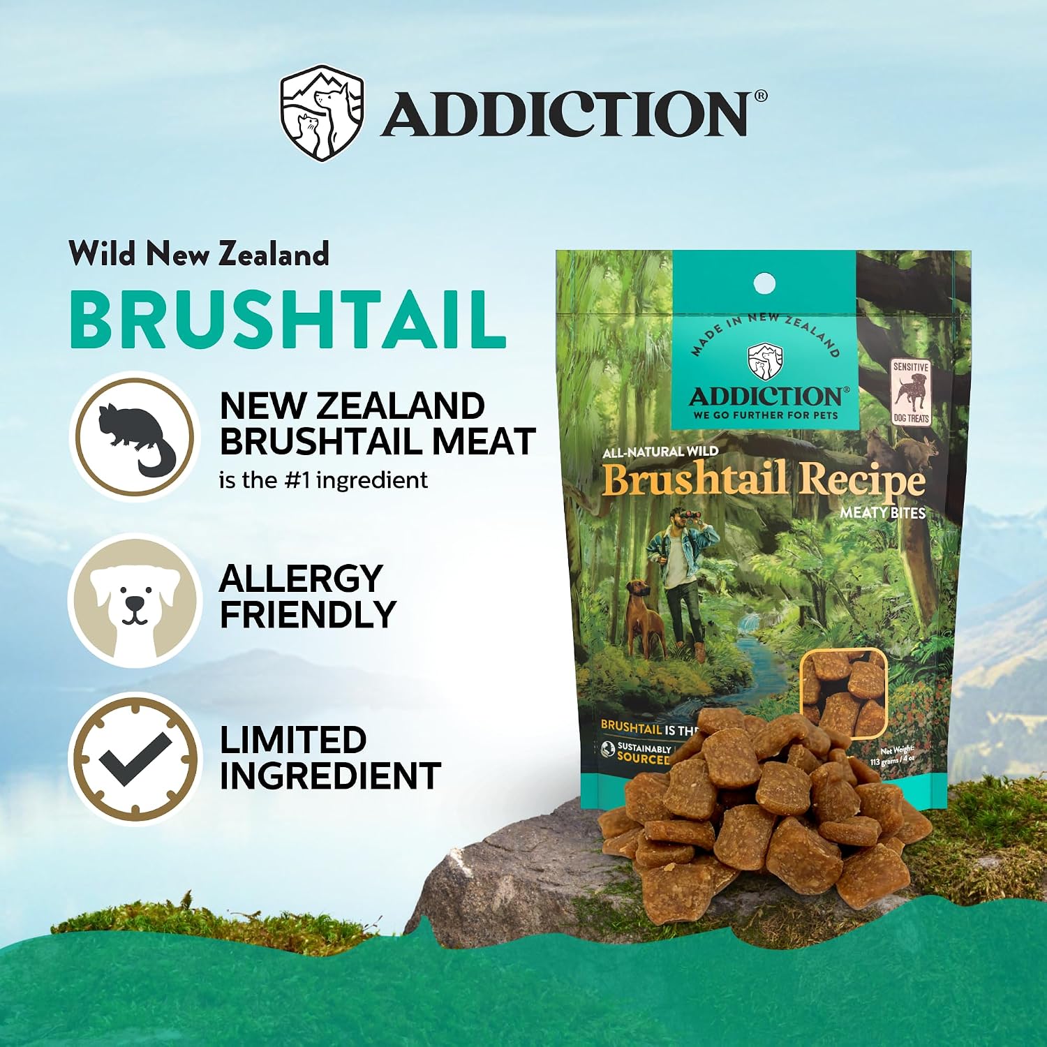 Addiction Venison Recipe Meaty Bites, All Natural Free Range Grain Free High Meat Dog Treats, 4 Oz.