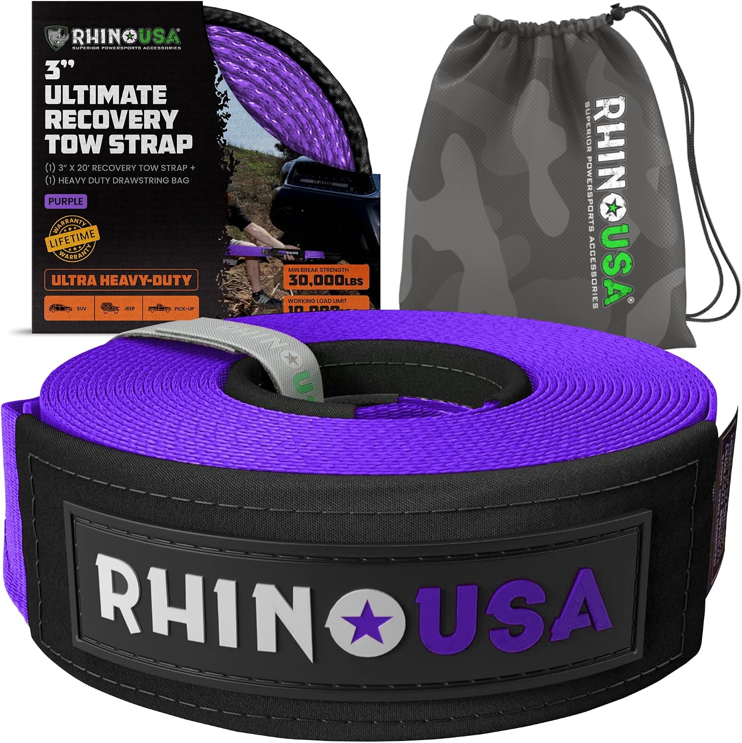 Rhino USA Recovery Tow Strap (3in x 30ft) - 31,518lb Heavy Duty Towing | 31,518lb Break Strength Emergency Tow Strap, Extended 30ft Length. For Truck, UTV, ATV & Jeep Offroad Recovery. Black