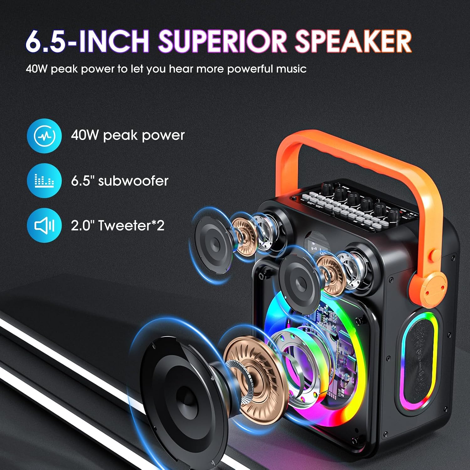Karaoke Machine with 2 Wireless Microphones for Adults & Kids, 8000mAh Portable Bluetooth Speaker PA System with Lights, Supports AUX in/TF Card/FM/REC, Microphone Speaker Set for Home Party, Outdoor