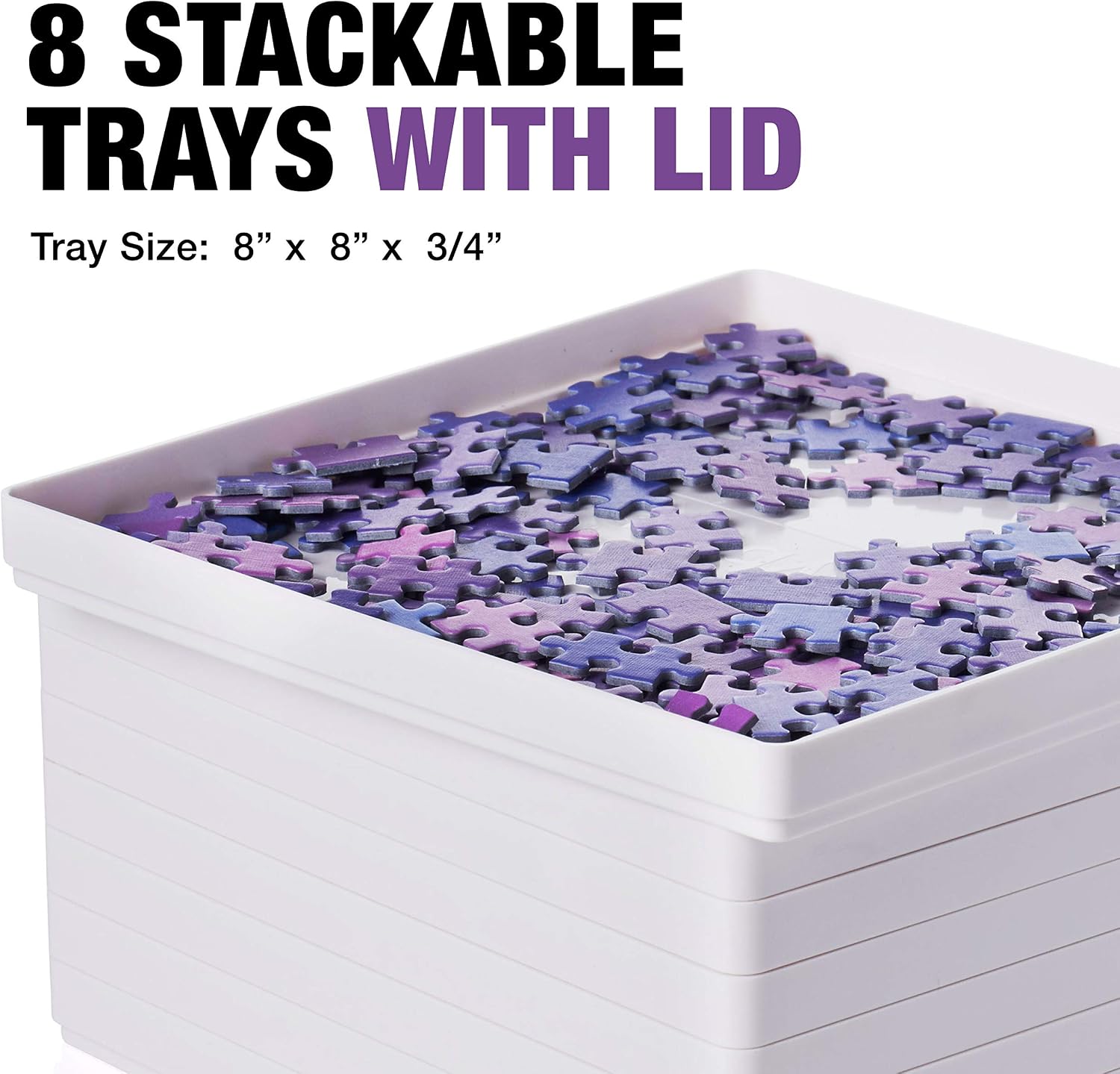 Tidyboss 8 Puzzle Sorting Trays with Lid 8" x 8" - Portable Jigsaw Puzzle Accessories White Background Makes Pieces Stand Out to Better Sort Patterns