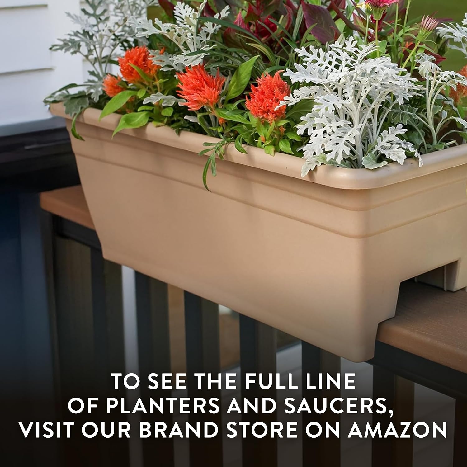 The HC Companies 24 Inch Deck Rail Box Planter Lightweight Outdoor Plastic Plant Pot for Herbs and Flowers, White
