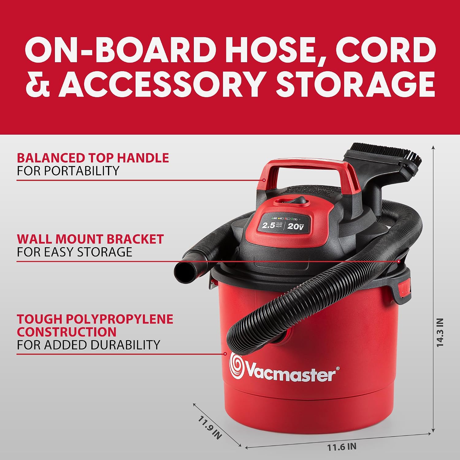 Vacmaster VOM205P 1101 2.5-Gal 2 Peak HP Wall Mount Wet/Dry Vacuum Red