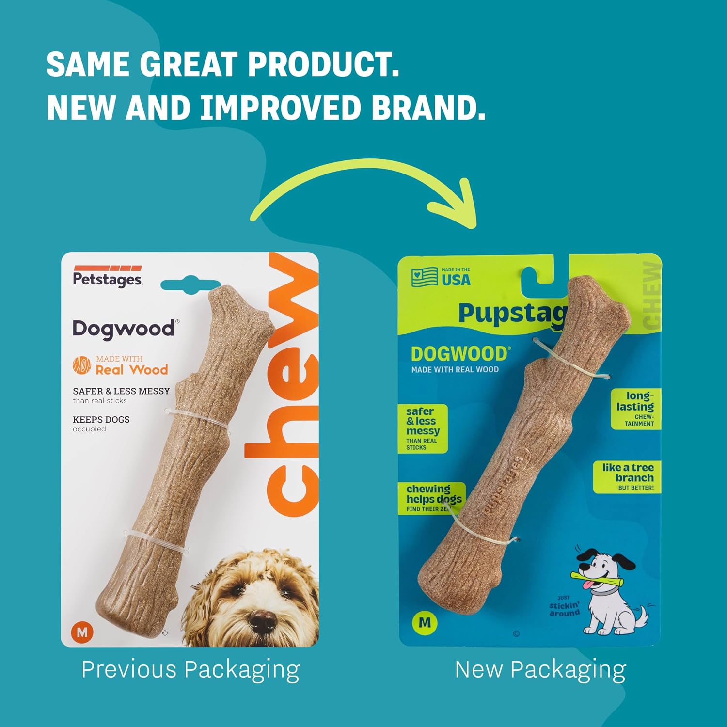 Pupstages Dogwood Dog Chew Toy, Made in the USA – Real-Wood Blend, Natural Flavor & Texture, Moderate Chewers, Small, 5.4"