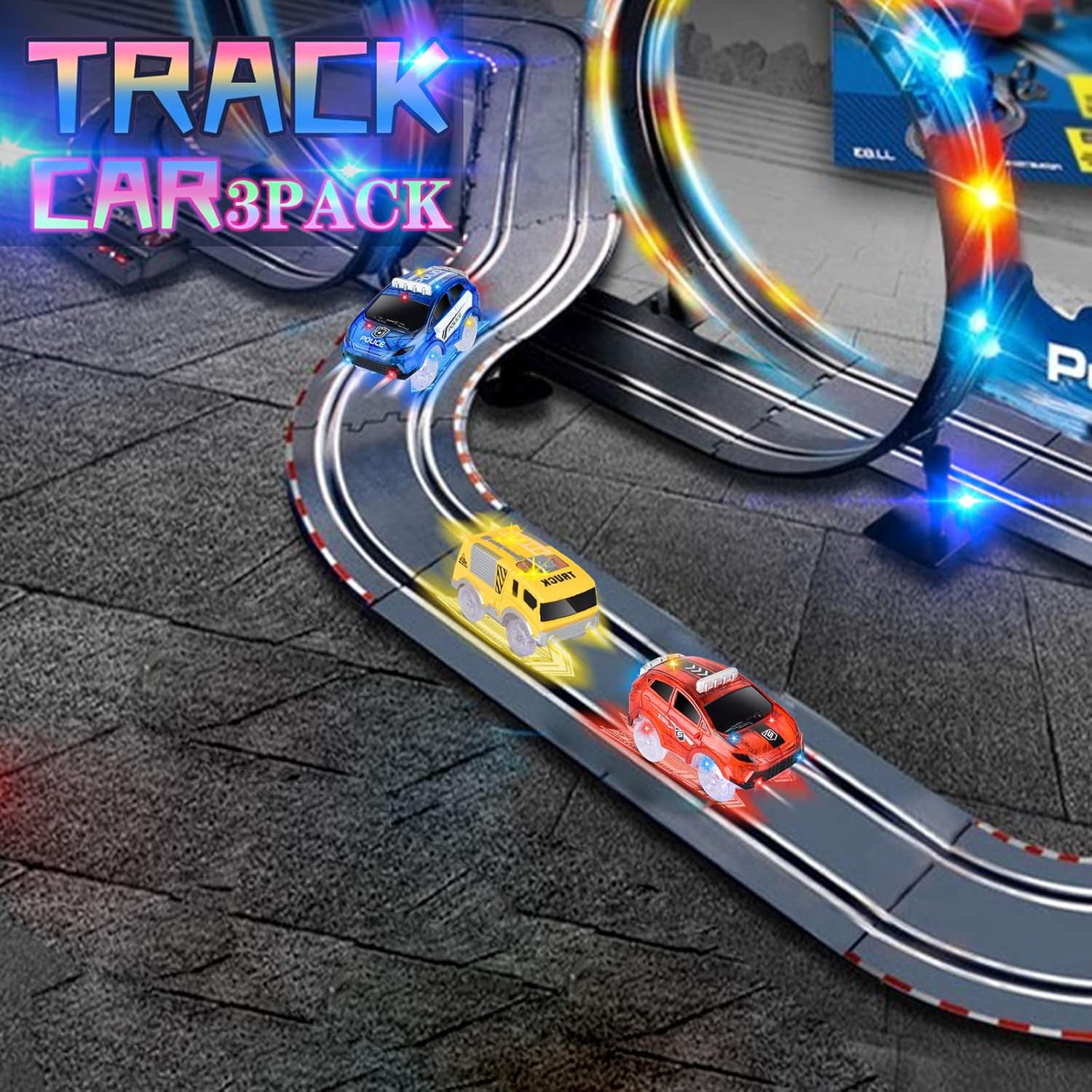 Tracks Cars Only Replacement, Flex Track Race Cars Glow in the Dark with 5 Flashing LED Lights