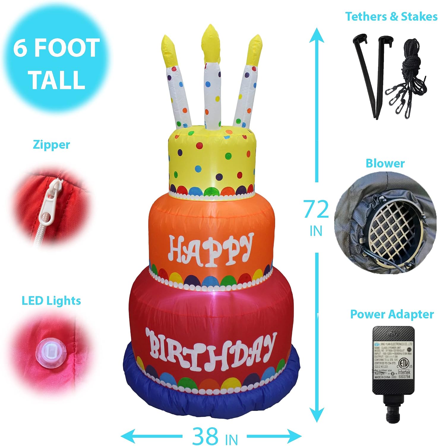 6 Foot Tall Happy Birthday Cake Inflatable with Candles
