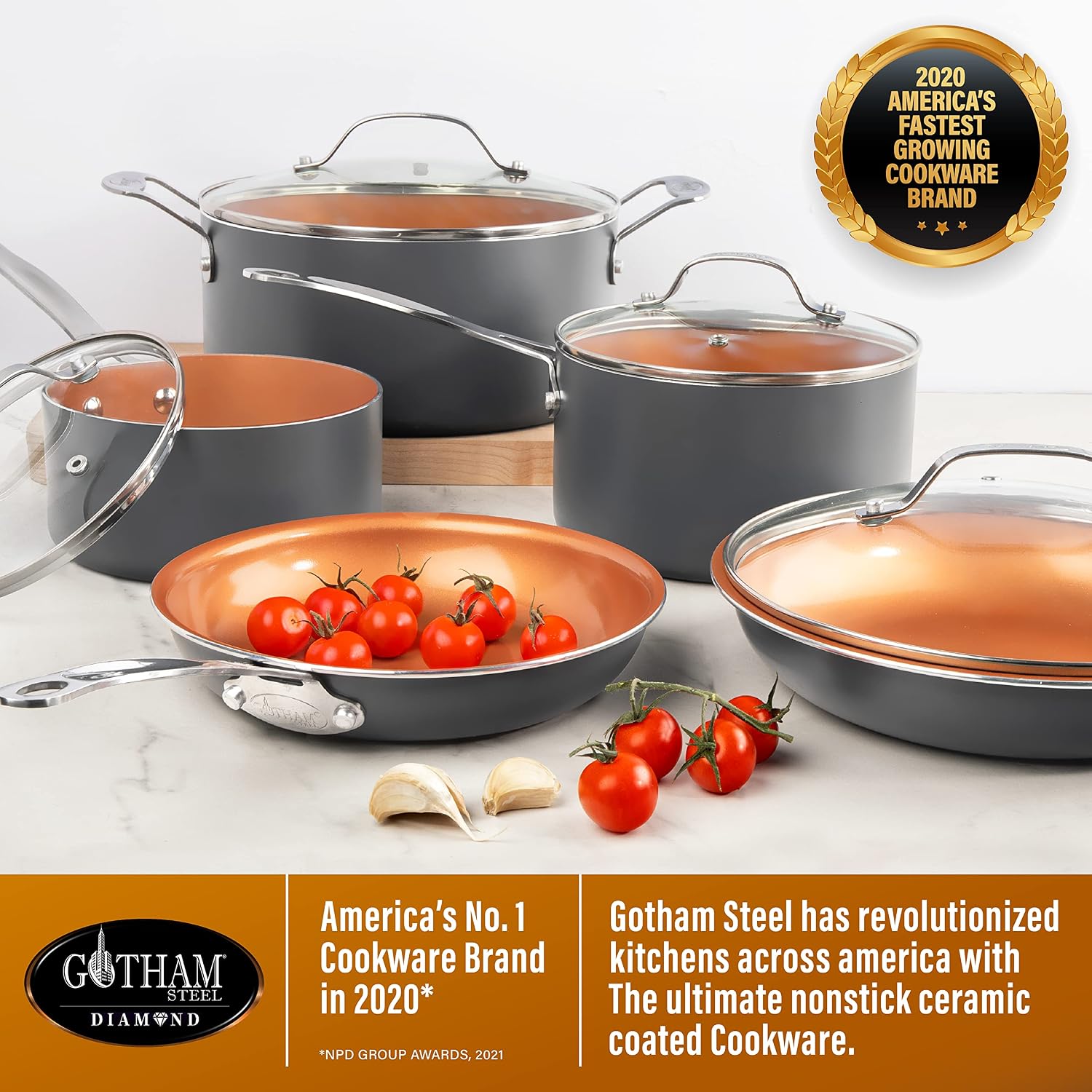 Gotham Steel Hard Anodized Pots and Pans Premium Cookware Set with Ultimate Nonstick Ceramic & Titanium Coating, Oven and Dishwasher Safe, Copper