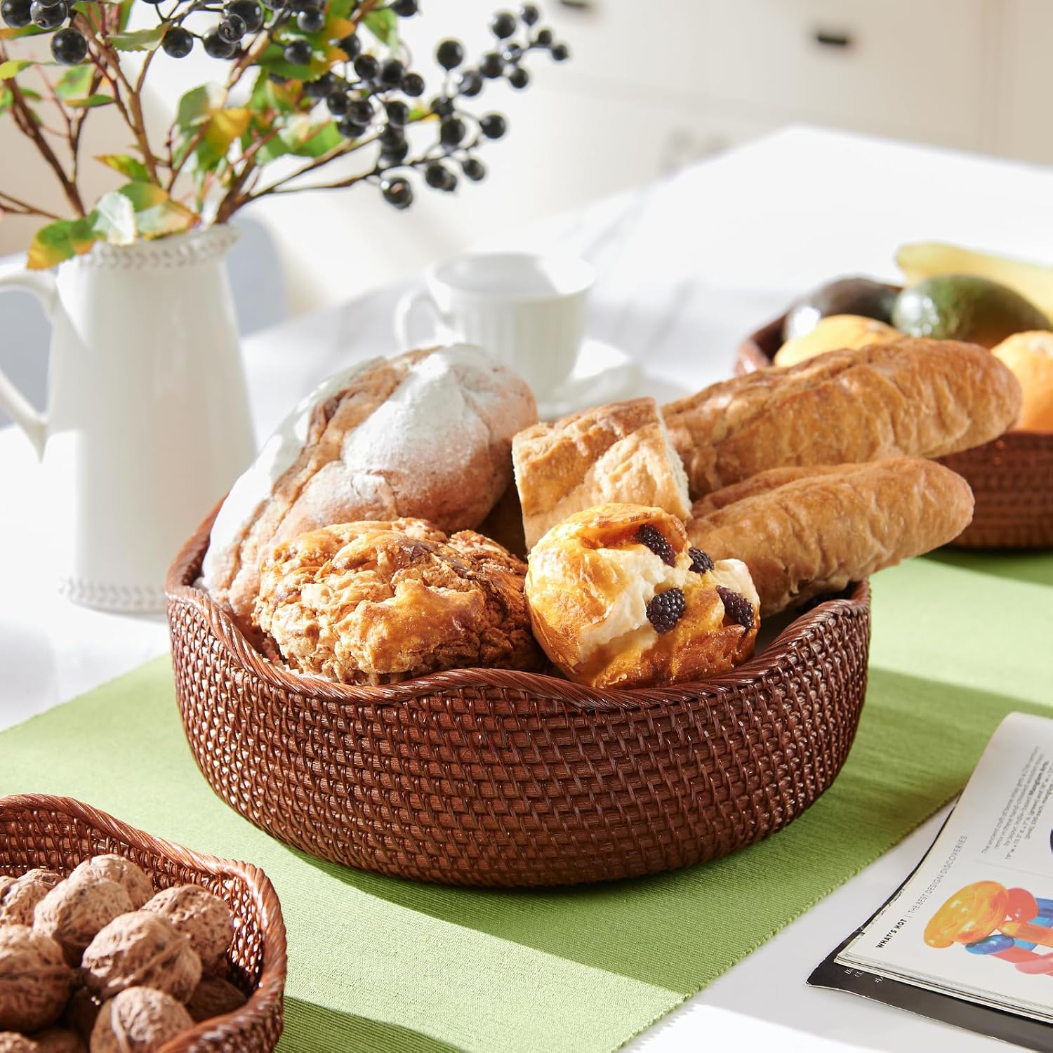 YANGQIHOME Rattan Bread Basket, Round Fruit Baskets, Wicker Storage Bowls, Natural Woven Serving Basket Bowls