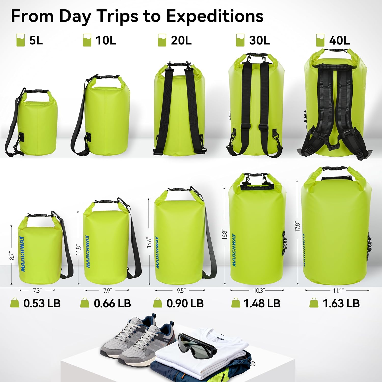 MARCHWAY Floating Waterproof Dry Bag Backpack 5L/10L/20L/30L/40L, Roll Top Sack Keeps Gear Dry for Kayaking, Rafting, Boating, Swimming, Camping, Hiking, Beach, Fishing