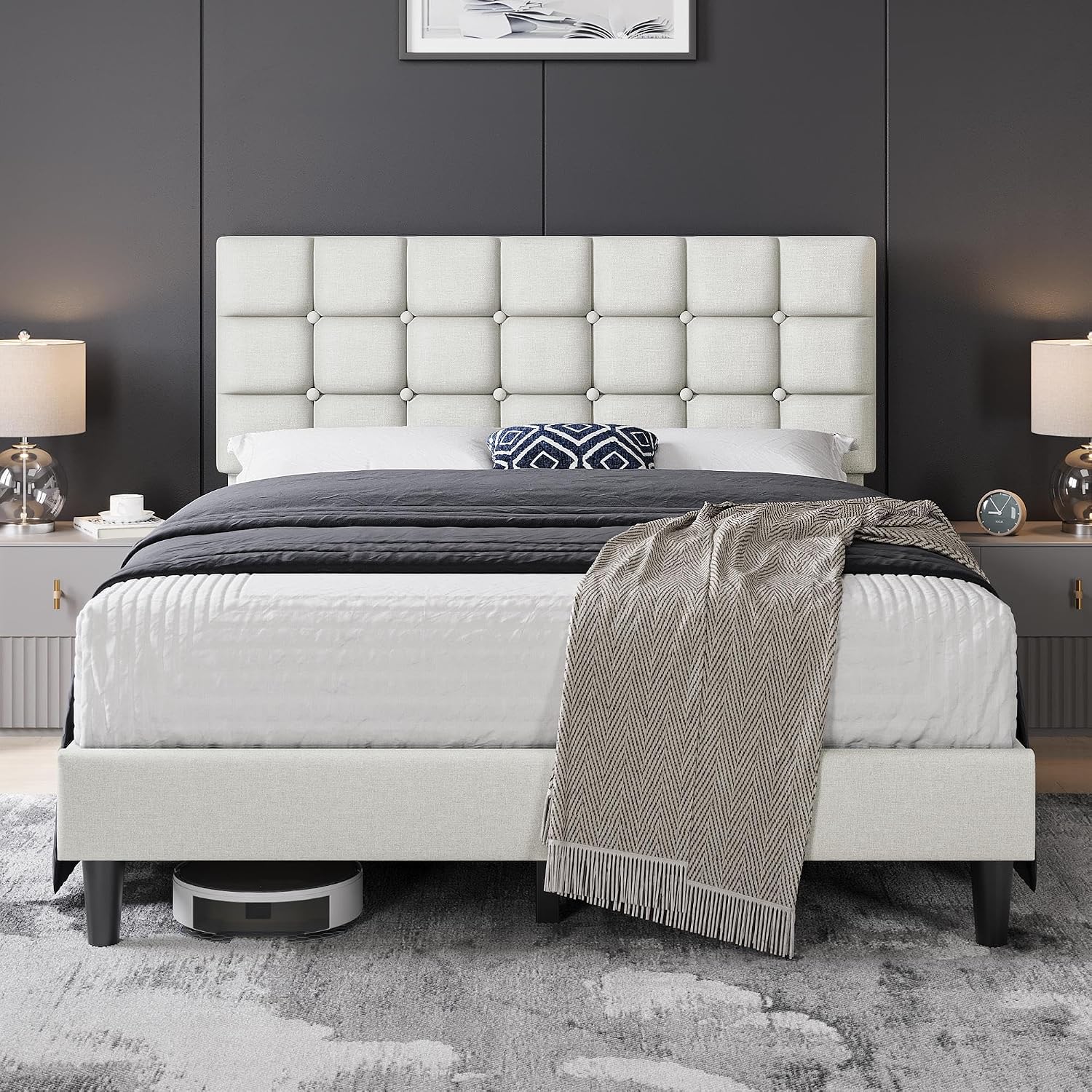 Yaheetech Full Size Upholstered Tufted Bed Frame with Headboard, Dark Gray | Sturdy engineered wood frame with linen fabric upholstery features a soft tufted headboard for easy assembly and support