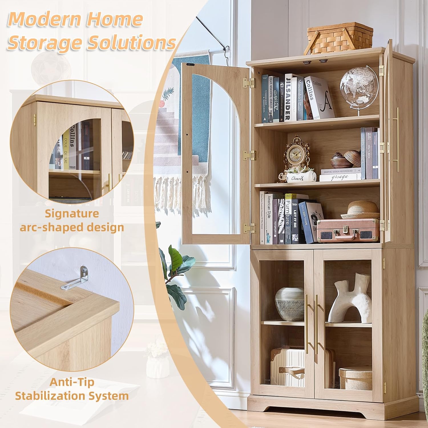 Joaxswe 72" Tall Bookshelf with 4 Curved Glass Doors, Farmhouse Bookcase with 3-Tier Adjustable Shelves, Modern Living Room Display Cabinet, Large Storage Cabinet for Home Office,Dining Room, Natural