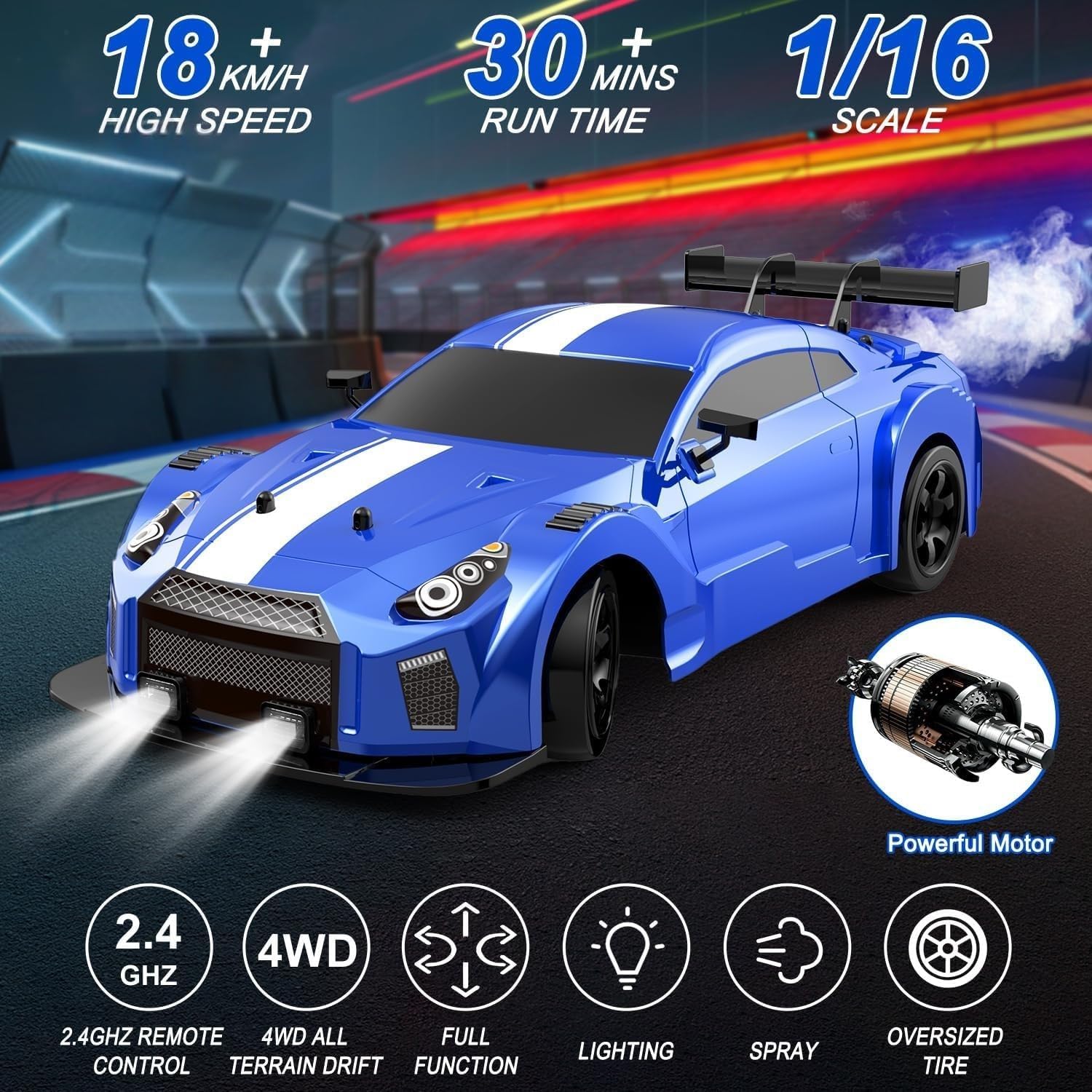 Dollox RC Drift Car 1/16 Scale Remote Control Car 2.4GHz 4WD High Speed 18+KM/H Race Car with LED Light and Spray, Extra Drifting Tires Racing Vehicle Toy Birthday Gifts for Adults Boys, 2 Batteries