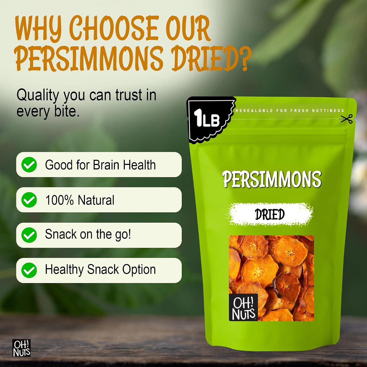 Oh! Nuts Dried Persimmon Slices No Sugar Added Dehydrated Fruit 1lb | Dried persimmons no sugar added - Dehydrated fruit slices - Persimmon fruit