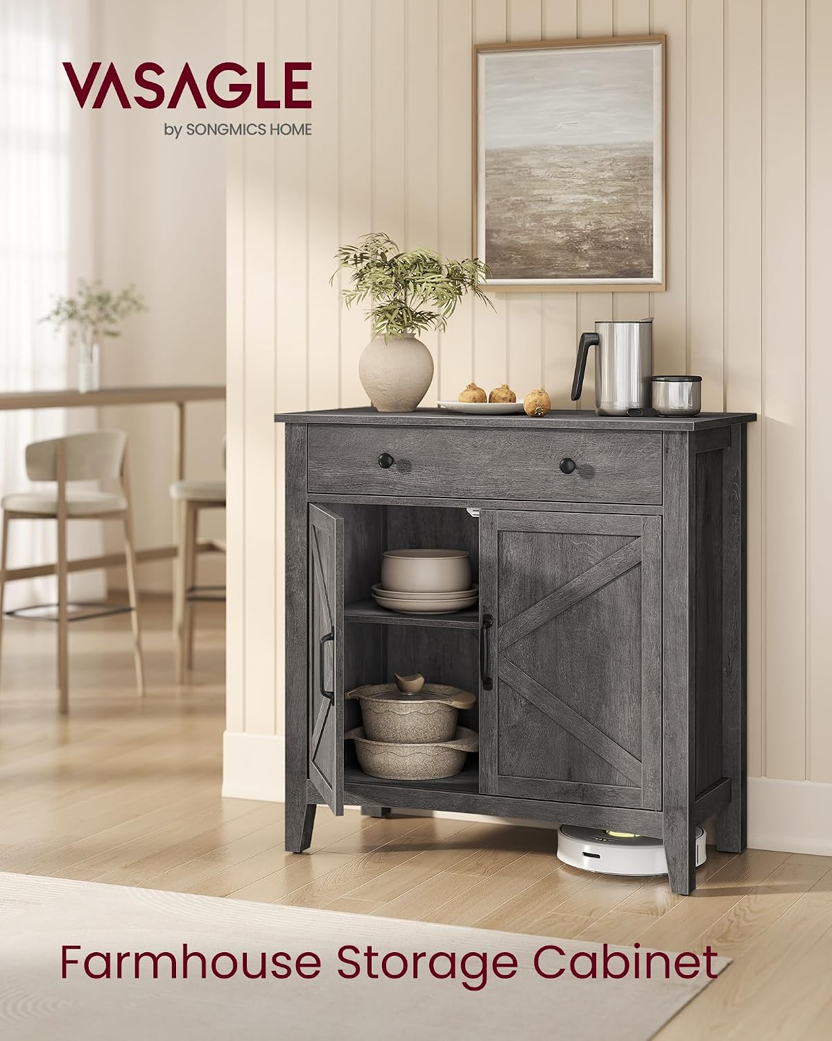 VASAGLE LIRY Collection - Storage Cabinet, Buffet Cabinet, Sideboard, Credenza, with Adjustable Shelves, for Entryway, Rustic White and Honey Brown ULSC381W01
