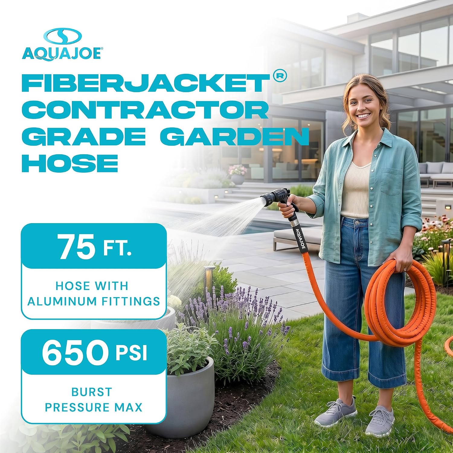 Aqua Joe AJFJH75-34-CTR FIBERJACKET Garden Hose, Non-Expanding and Kink-Resistant, 650 PSI Burst Rating, 75 Feet Long, Orange