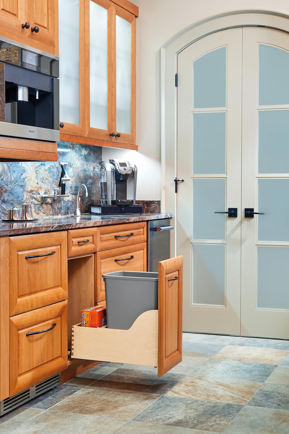 Rev-A-Shelf Pull Out Trash Can for Kitchen Cabinets 35 Qt 8.75 Gal Bottom Mounted, Undermount Soft-Close Slides, Silver, 4WCSC-1835DMND-2