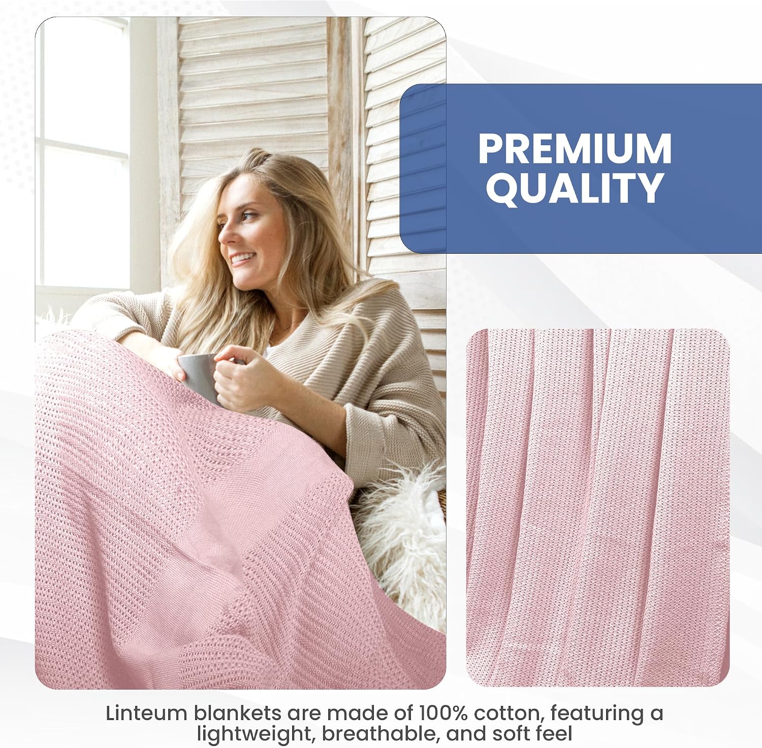 Linteum 100% Cotton Open-Cell Leno Weave Blanket — Breathable All Season — Queen 90x90 — Ice Grey