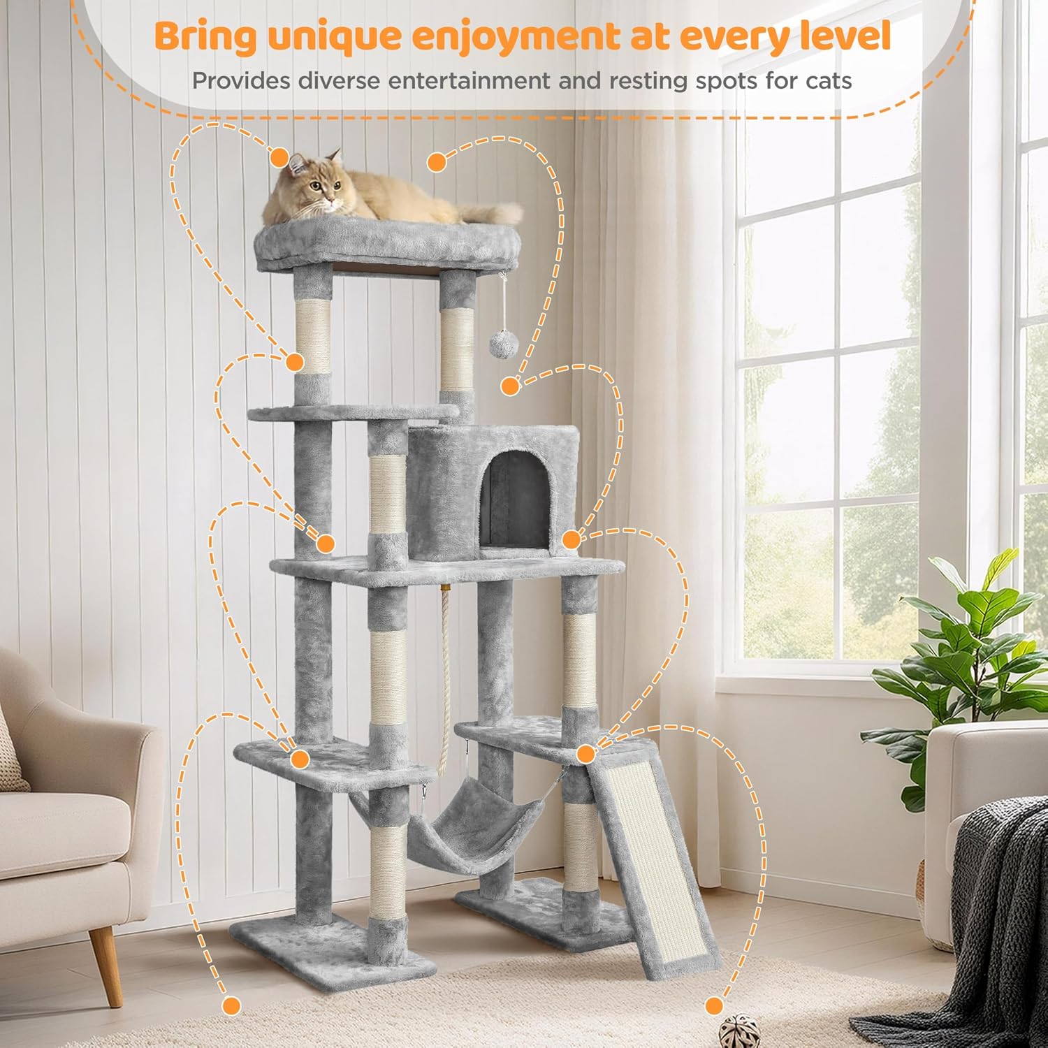 Yaheetech 63in Sturdy Large Cat Tree for Indoor Heavy Cats, Tall Tower