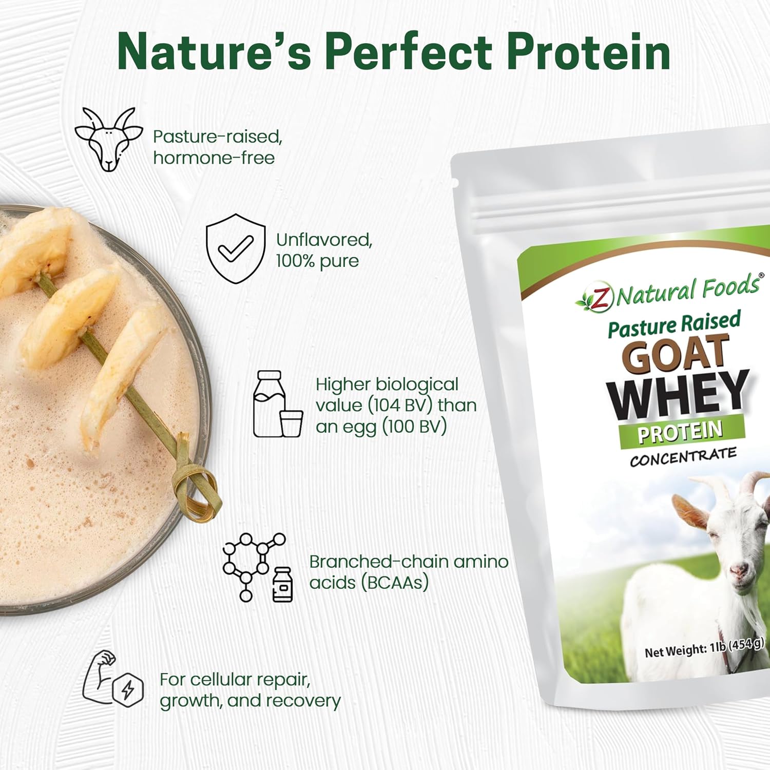 Z Natural Foods Goat Whey Protein Powder Concentrate - Pasture Raised, 1 lb