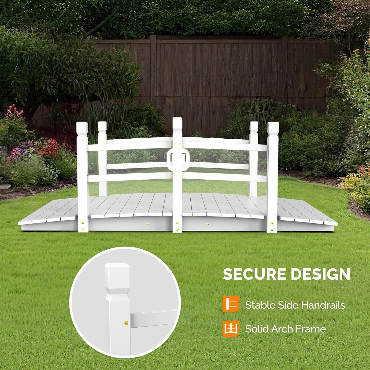 VINGLI 5 ft Garden Bridge, Classic Wooden Arch with Safety Rails Stained Finished Footbridge, Decorative Pond Landscaping, Backyard, Creek or Farm