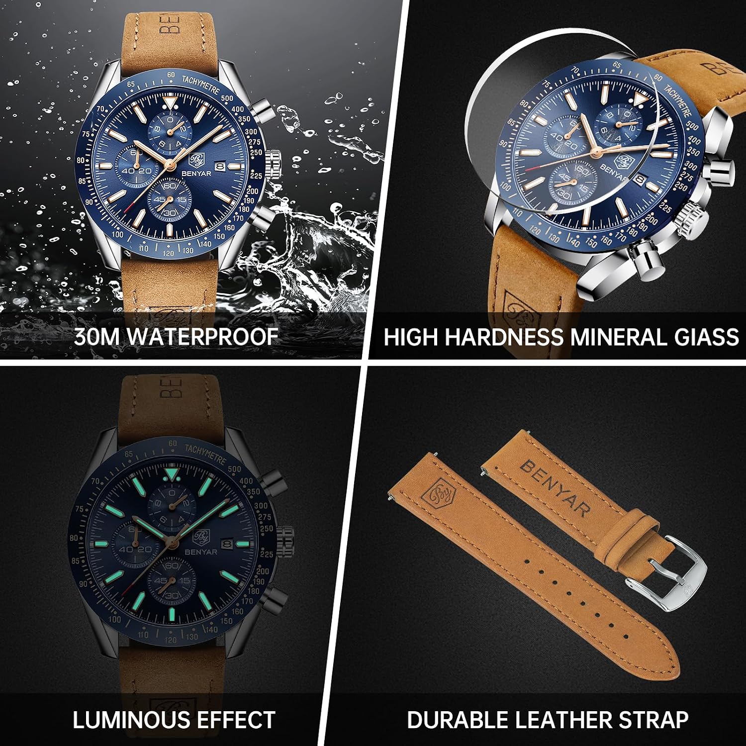 BENYAR Watch for Men Analog Quartz Chronograph Waterproof Luminous Designer Mens Wrist Watches Business Work Sport Casual Dress Watch with Silicone Strap Elegant Gifts for Men