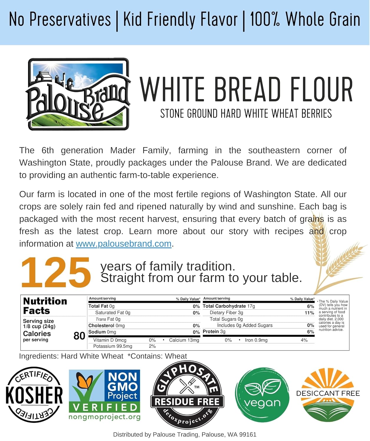 Palouse Brand Certified Glyphosate Residue Free Bread Flour | 3 LBS | Whole Grain | Stone Ground | Non-GMO | 100% Non-Irradiated | Kosher | USA Grown | Field Traced | Resealable Bag