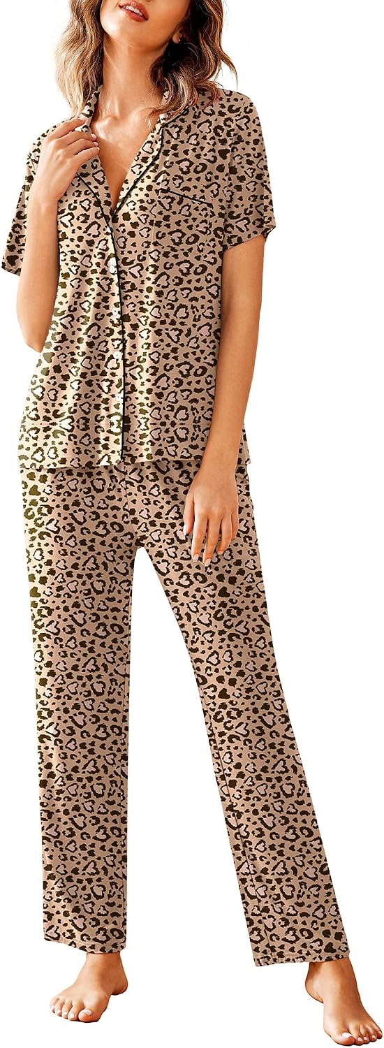 Avidlove Women Pajamas Set Notch Collar Soft Sleepwear Pjs Short Sleeve Button Down Nightwear with Long Pants