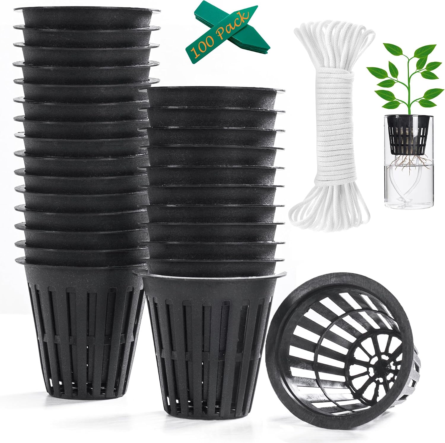 ORIMERC 30 Pack 3 inch Net Cup Pots with 30 feet Hydroponic Self Watering Wick & 30 Plant Labels Aquaponics Mason Jar Bucket Insert Orchid kratky Vegetable Gardening Growing Netted Basket Slotted Mesh
