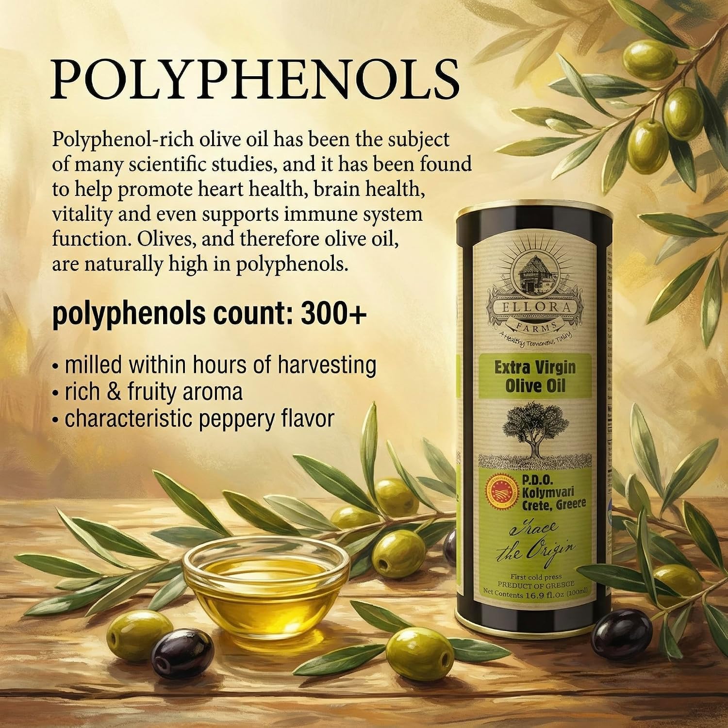 Ellora Farms Olive Oil Extra Virgin, Traceable & Certified PDO Polyphenol Rich Extra Virgin Olive Oil Cold Pressed, Global Gold Awards, Kosher, Single Origin from Crete, Greece 33.8 Fl oz, Pack of 2
