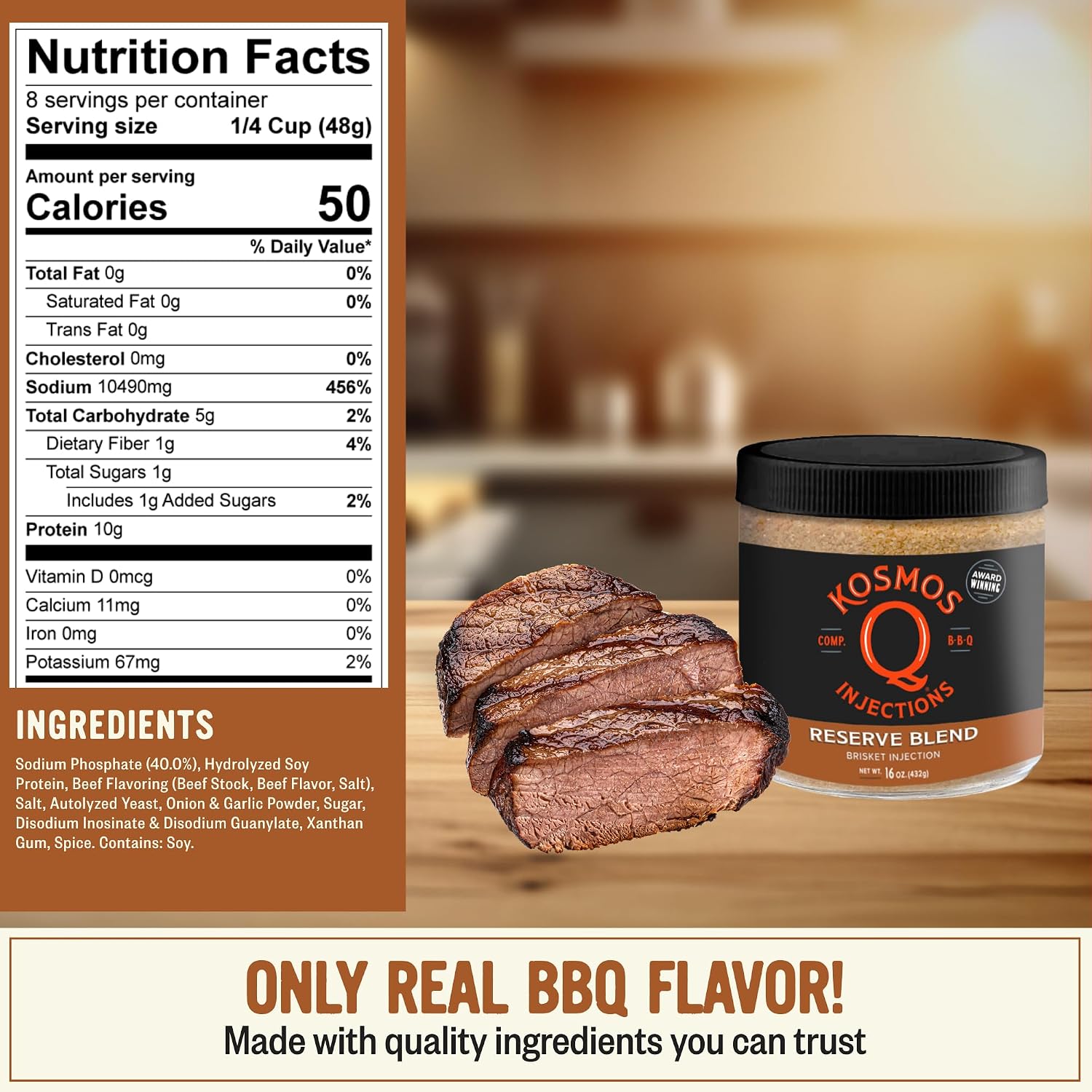 Kosmos Q Reserve Blend Brisket Injection, Premium Beef BBQ Marinade for Tender & Juicy Brisket, Phosphate-Enhanced for Moisture Retention, Competition-Grade Seasoning, Gluten Free, 16 Oz Jar