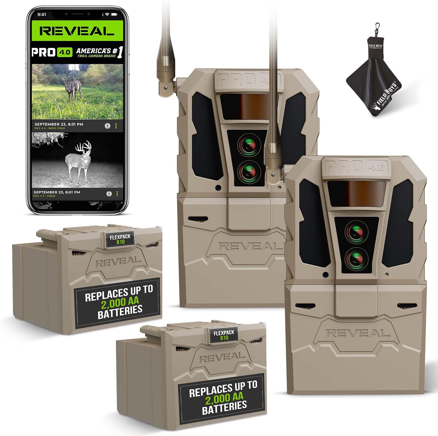 TACTACAM Reveal Pro 4.0 Cellular Trail Camera + FlexPack R10 Battery (2PK) | Night Vision, Waterproof, Dual Sensors, 4K Photo, No-Glow/Low-Glow IR