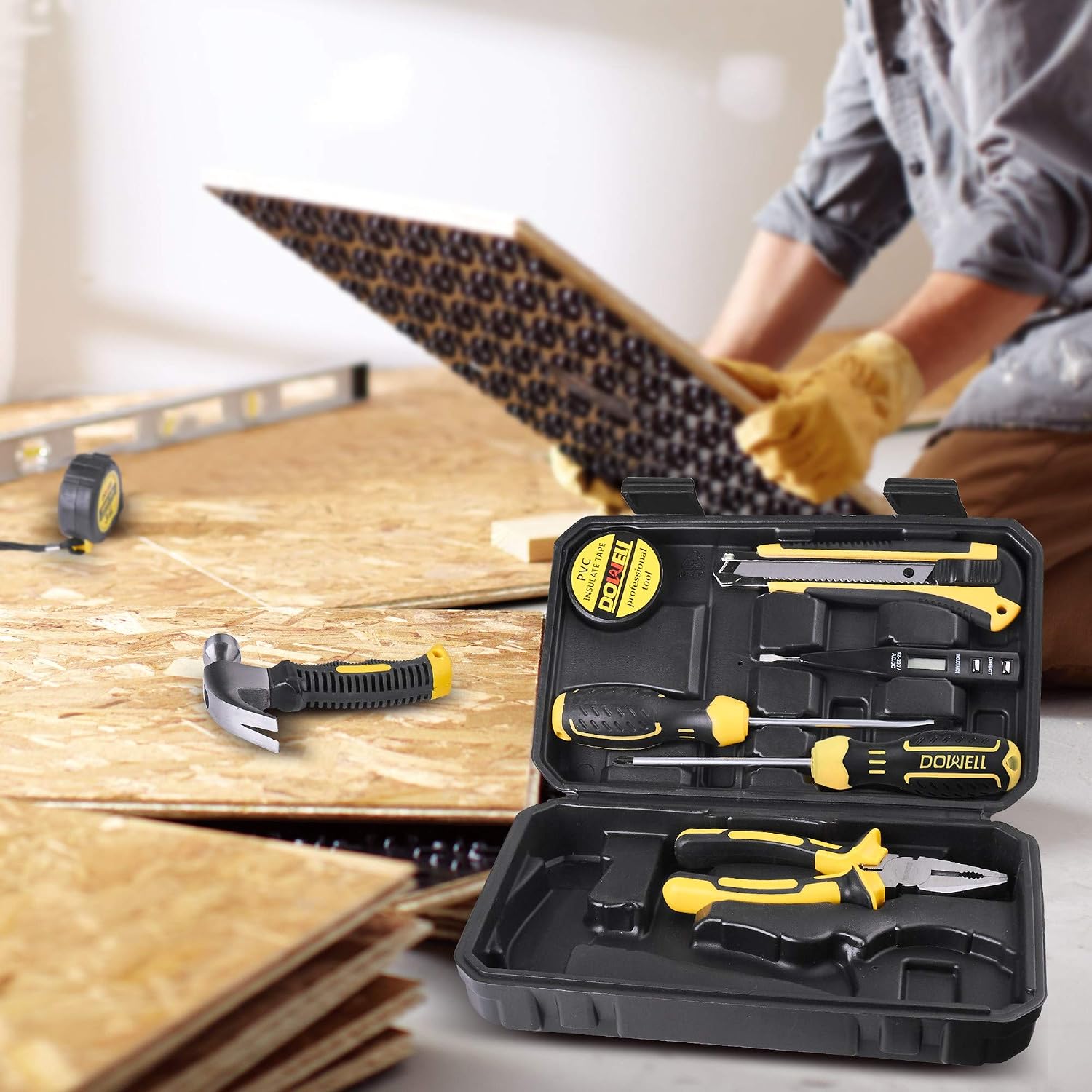 DOWELL Tool Kit, Hand Tool Set with Hammer, 9 Piece | mini tool kit, heat-treated chrome-plated steel, TPR ergonomic handles, blow-molded case, ultra-compact for storage