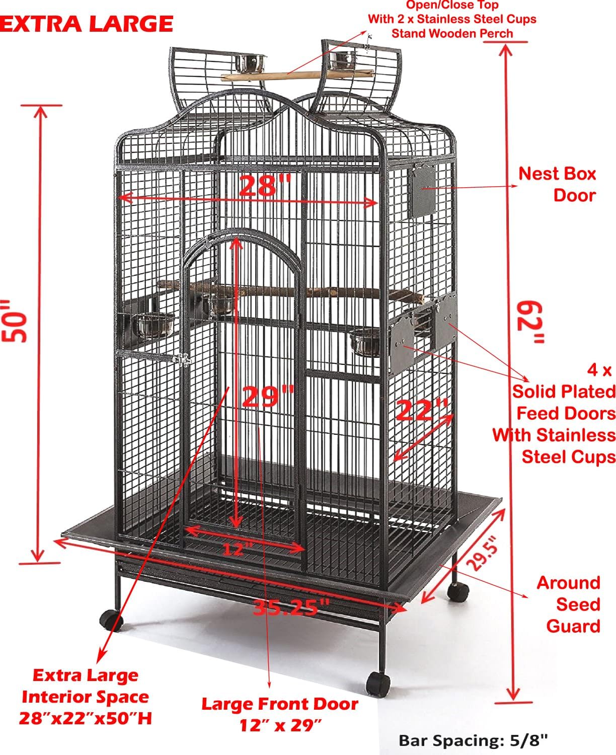 Extra Large Wrought Iron Open/Close Play Top Bird Parrot Cage, Include Metal Seed Guard Solid Metal Feeder Nest Doors Overall Dimensions: 35.25" Wx29.5"x62"H(with Seed Skirt)