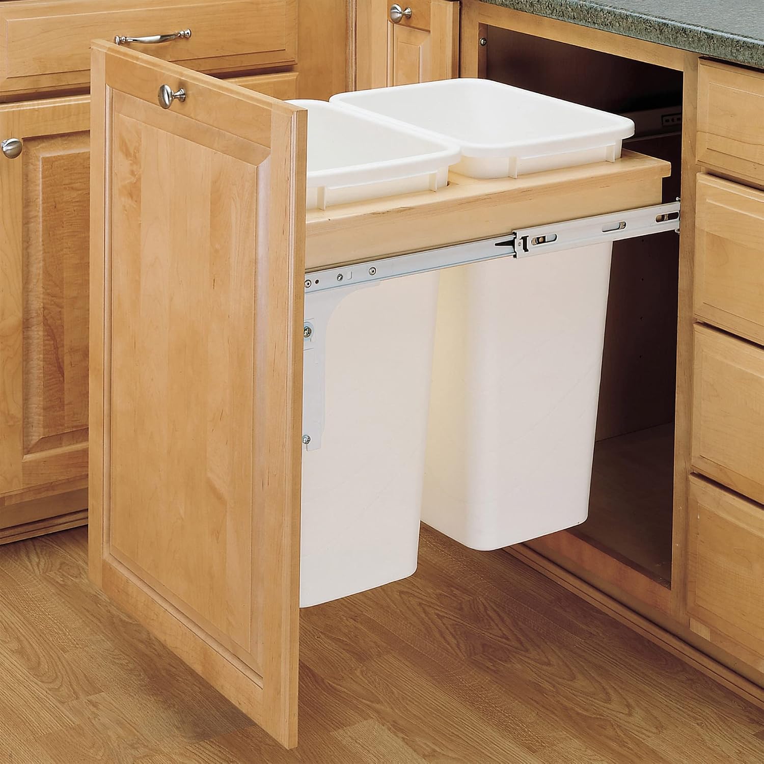Rev-A-Shelf Top Mount Double Pullout Under Cabinet 35 Quart Kitchen Trash Cans with 150 Pound Rated Full-Extension Slides, 4WCTM-21DM2