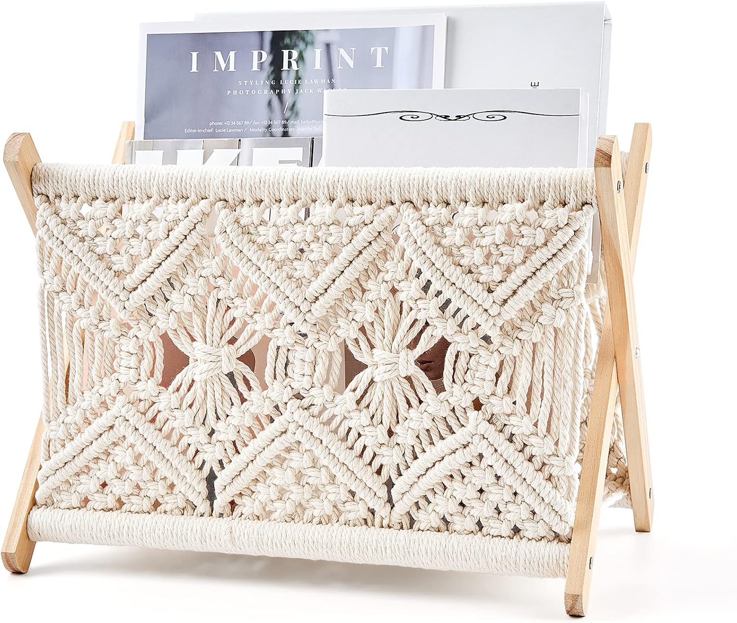Mkono Macrame Magazine Holder, Boho Woven Book Rack Basket, 11.2"L x 7.5"W