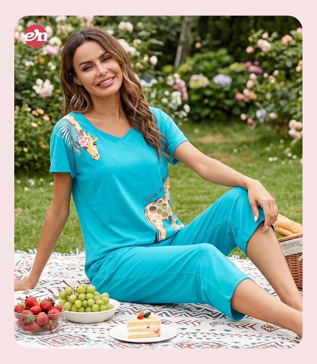 ENJOYNIGHT Womens Pajama Set Cotton Short Sleeve Top With Capri Pants Pj