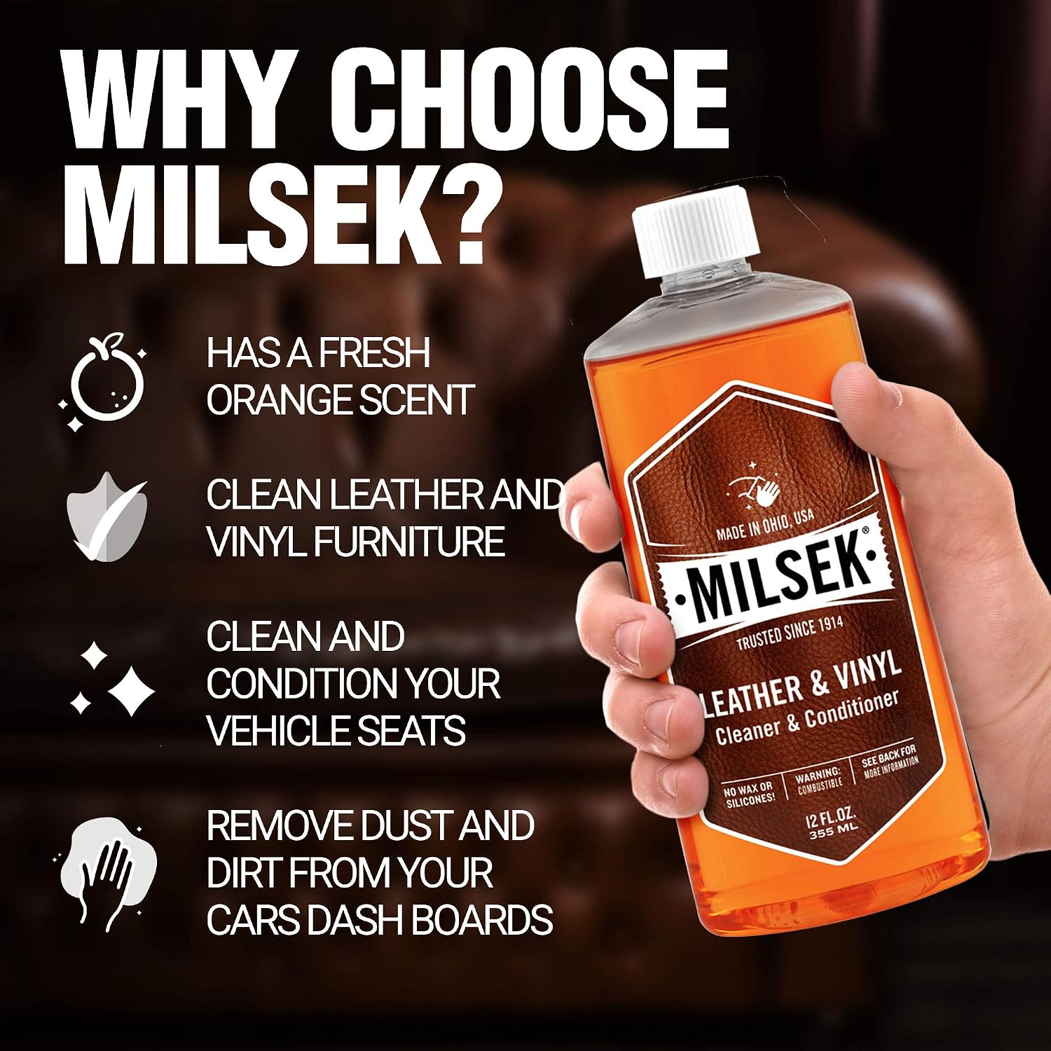 Milsek Leather & Vinyl Cleaner & Conditioner - Cleaning Supplies for Leather Home Furnitures, Couch, Automotive Interior, Shoes, Bags - 12 Fl Oz (Pack of 1) | Cleans, conditions, and helps protect leather and vinyl surfaces for long-lasting appearance an…