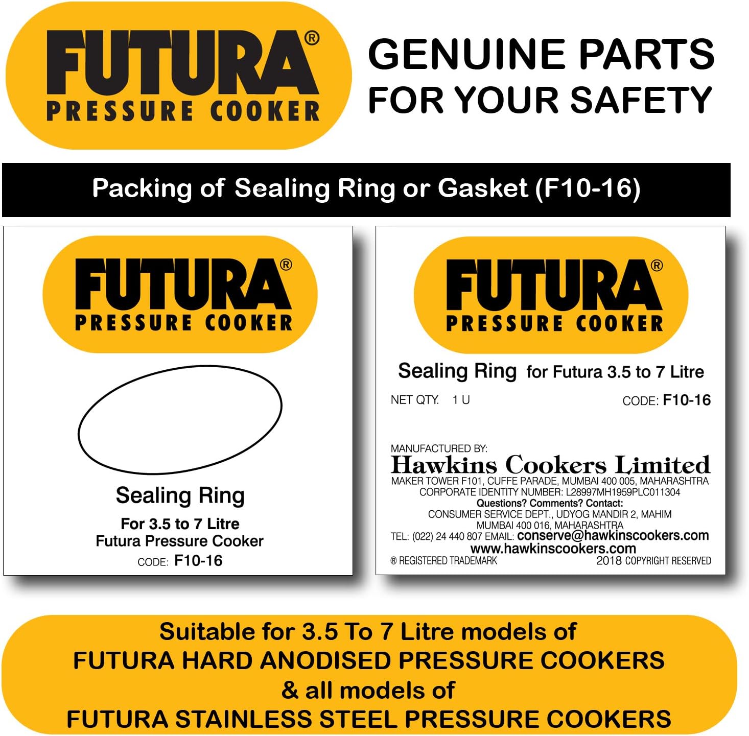Hawkins Futura Rubber Gasket for 4L- 7L Tall Pressure Cooker and 2 Units of Futura Safety Valve (Black)