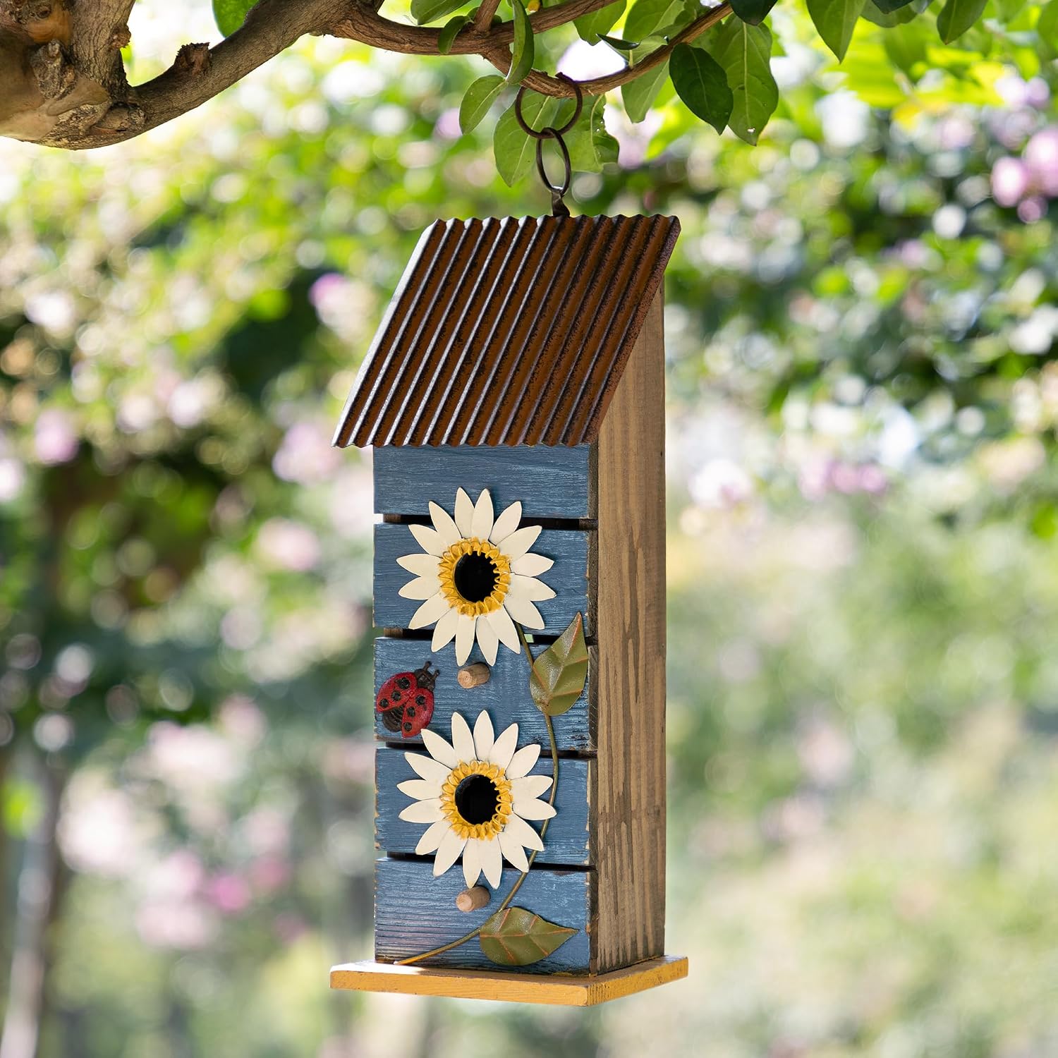 Glitzhome Bird Houses for Outside,10" H Rustic Wooden Bird House Garden Distressed Decorative Birdhouse for Outdoors, Hanging Birdhouse for Bluebird Hummingbird Wren Finch Cardinals Cedar