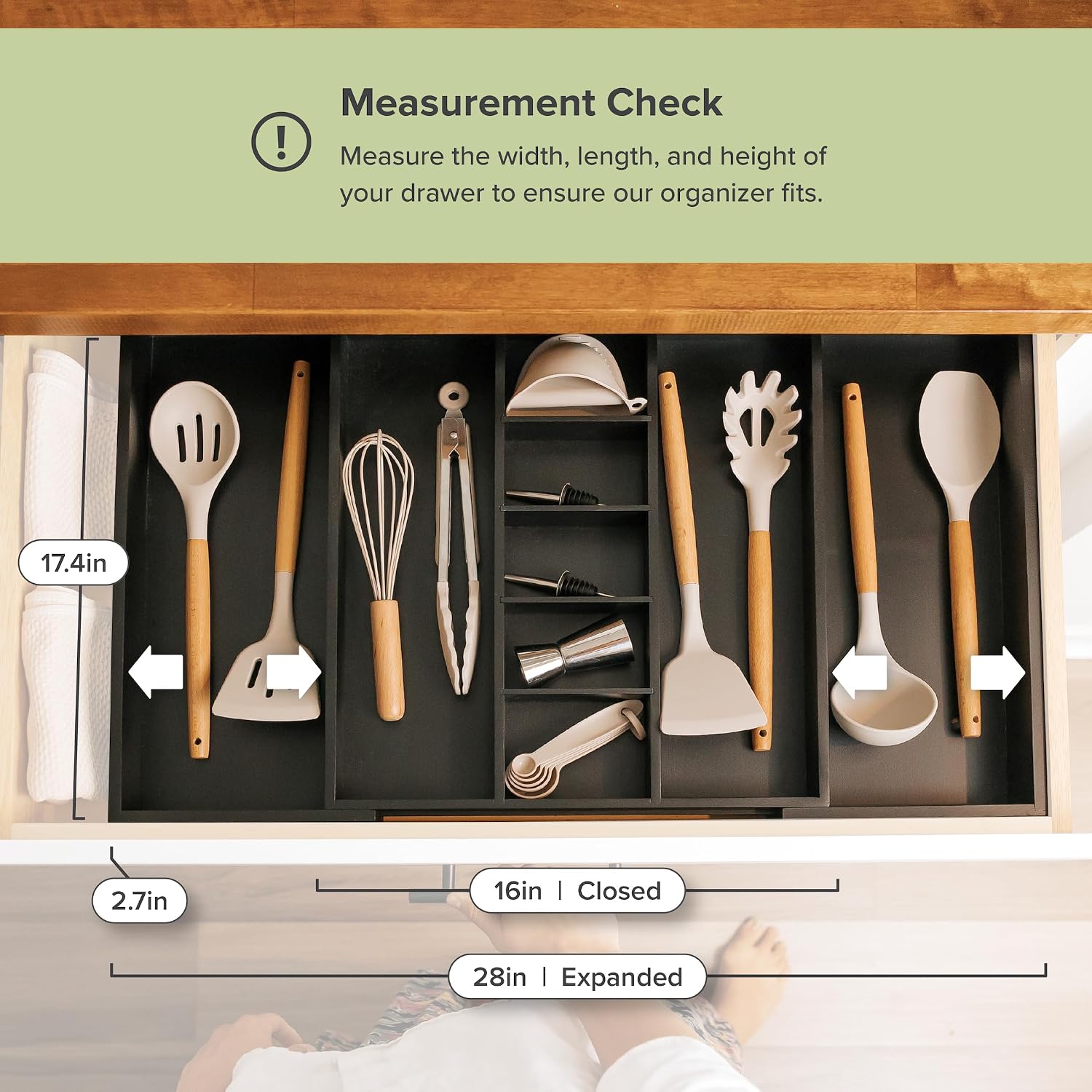 Utensil & Junk Drawer Organizer, 16-28 in, Bamboo | Food-safe contract grade, 100% sustainable wood, non-slip, adjustable