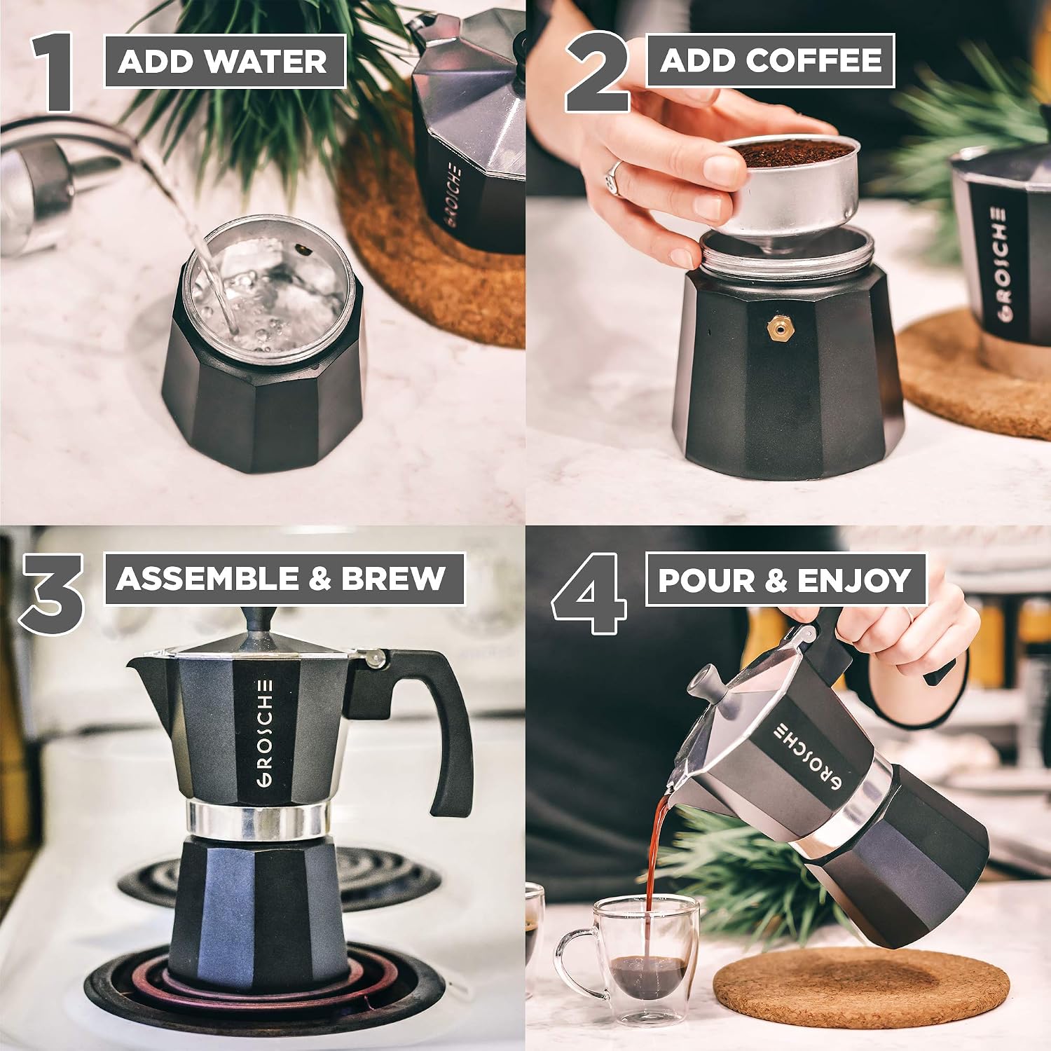 GROSCHE Milano Moka Pot | 9 Espresso Cup - 15.2 oz | Stovetop Espresso Percolator & Coffee Maker – Portable, Ideal for Home and Camping | Cuban Coffee Maker And Italian Moka Pot For Stovetop Espresso; For Gas, Electric, And Propane Stoves With A Soft-Tou…