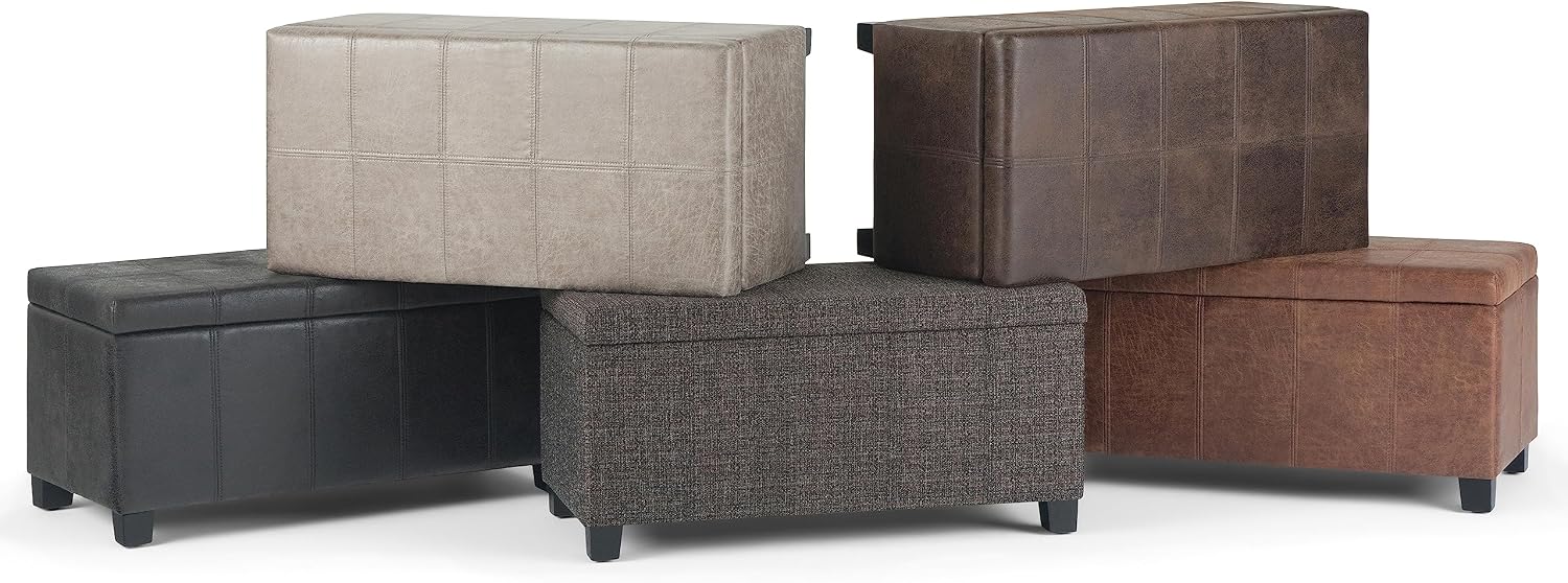 SIMPLIHOME Dover 36" Wide Vegan Leather Storage Ottoman in Midnight Black | Distressed umber brown, contemporary ottoman with lift-top and safety hinges; rectangle storage bench for living room.