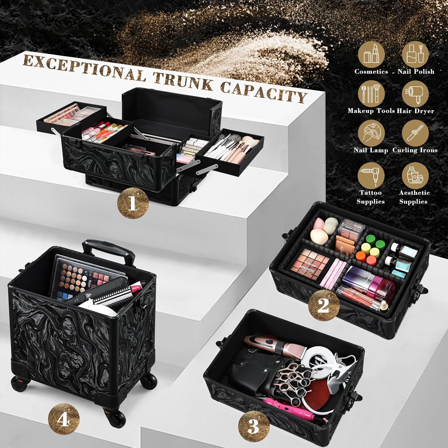 Stagiant Rolling Makeup Case Cosmetology Case on Wheels 4 in 1 Large Cosmetic Organizer Train Case Makeup Travel Case with Key Swivel Wheels Nail