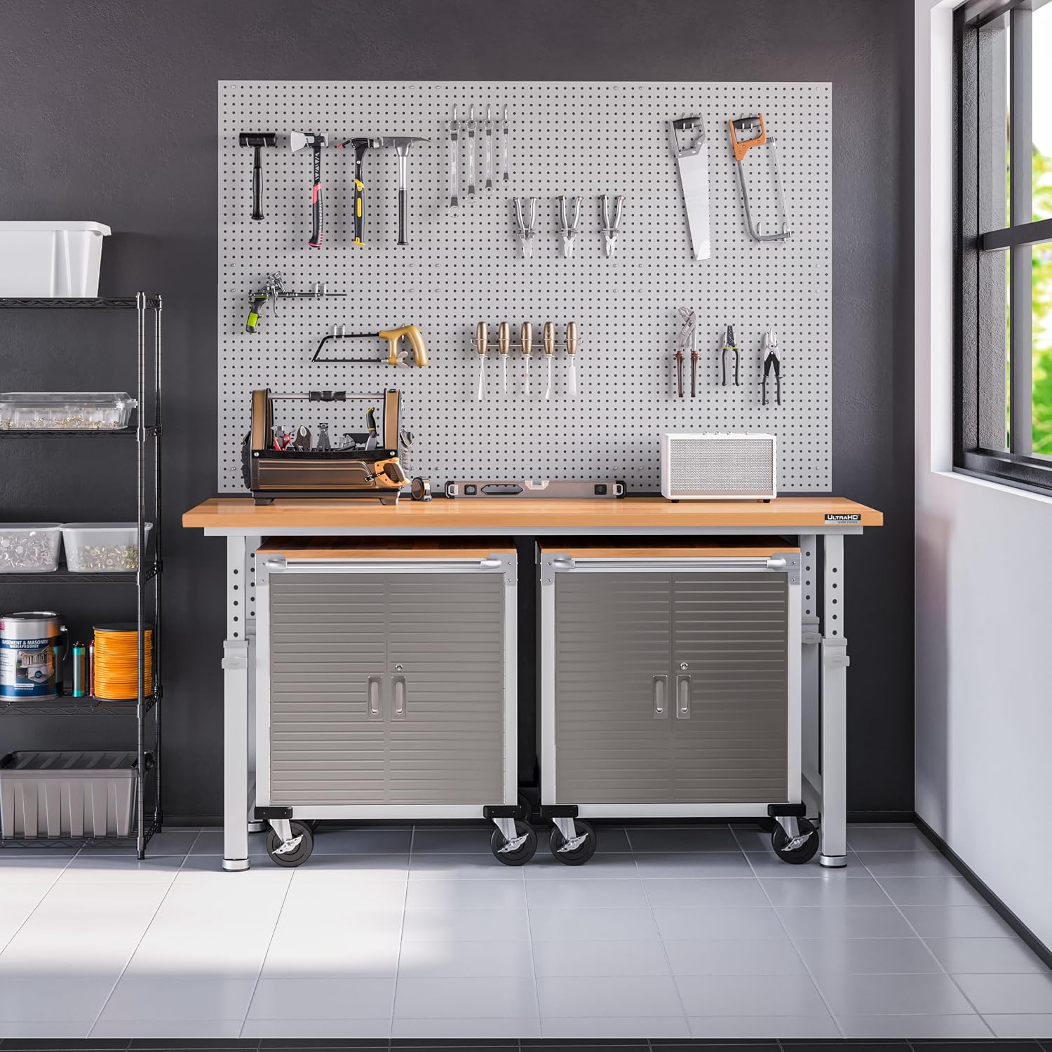 Seville Classics UltraHD Heavy Duty Rolling Cabinet Workbench Table w/Solid Wood Top, Workstation for Garage, Office, Workshop, Granite, 6-Drawer (28" W x 18" D
