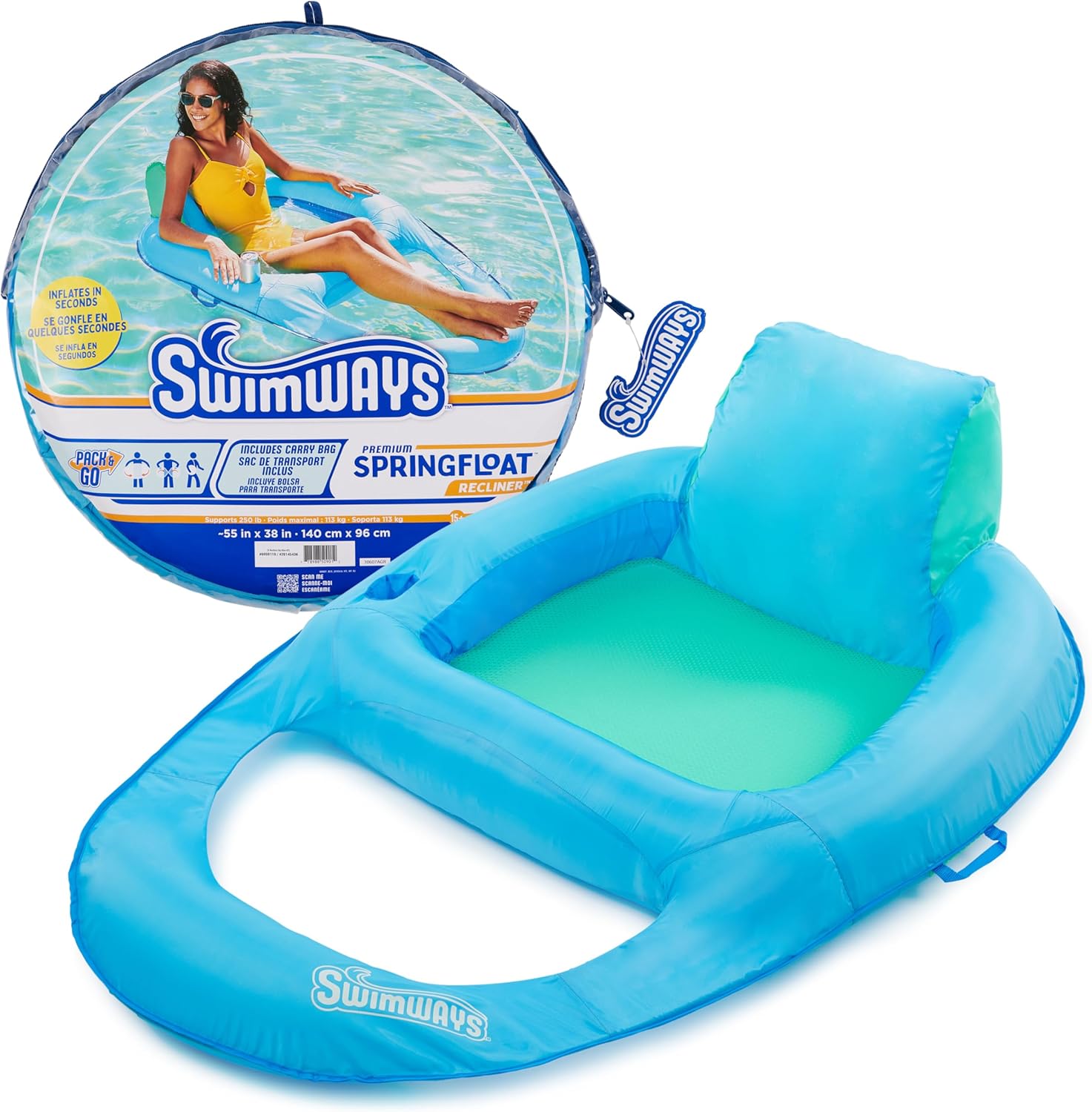 SwimWays Spring Float Recliner Chair for Swimming Pool, Inflatable Pool Floats Adult with Fast Inflation, Cup Holder & Foot Rest for Ages 15 & Up