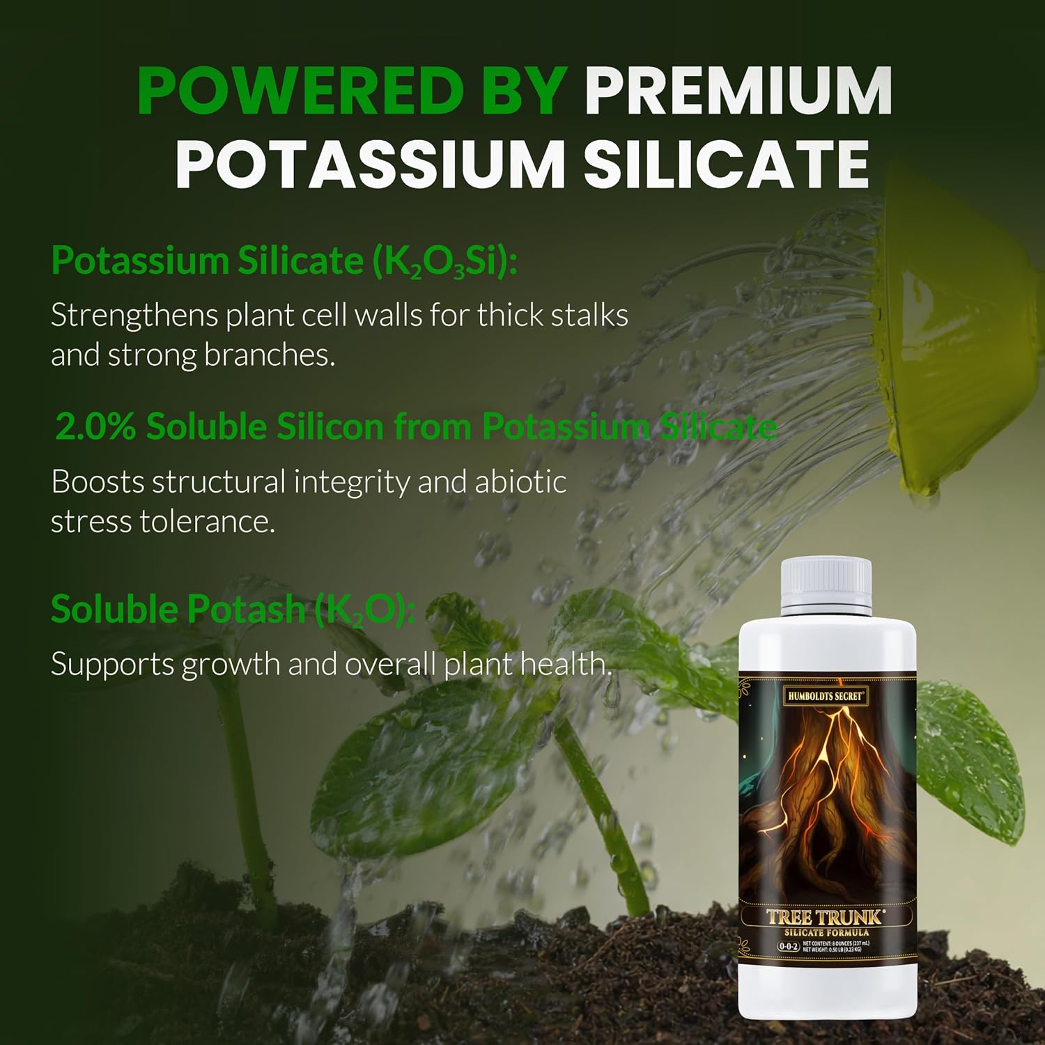 Humboldts Secret Tree Trunk | Potassium Silicate Additive | Liquid Fertilizer for Thicker Stalks, Stress Resistance & Branch Development | Indoor & Outdoor Plant Food, Hydroponic Nutrients, 32 Ounce