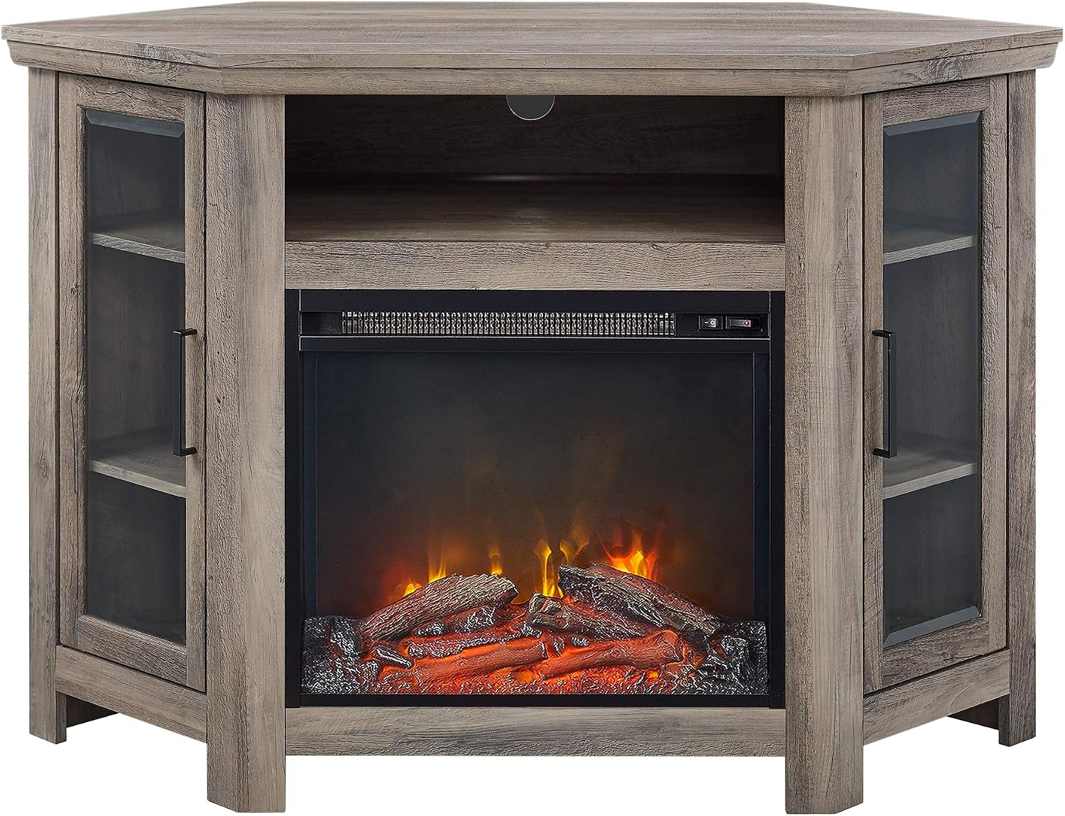 Walker Edison Alcott Classic Glass Door Fireplace Corner TV Stand for TVs up to 55 Inches, 48 Inch, White Oak