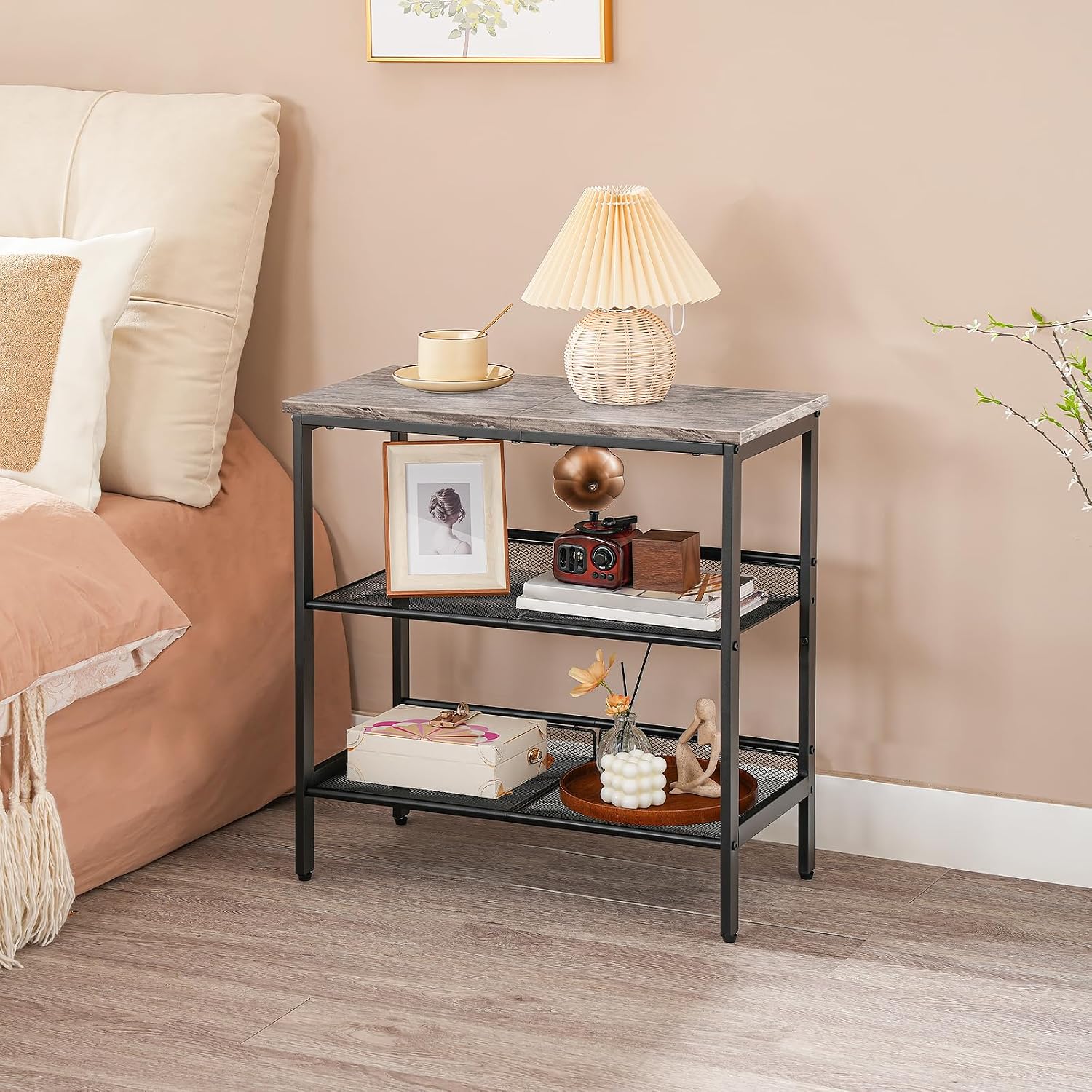 HOOBRO End Table, 3-Tier Narrow Side Table, Nightstand with 2 Flat or Slant Adjustable Shelves for Small Spaces, Hallway, Living Room, Bedroom, Sturdy