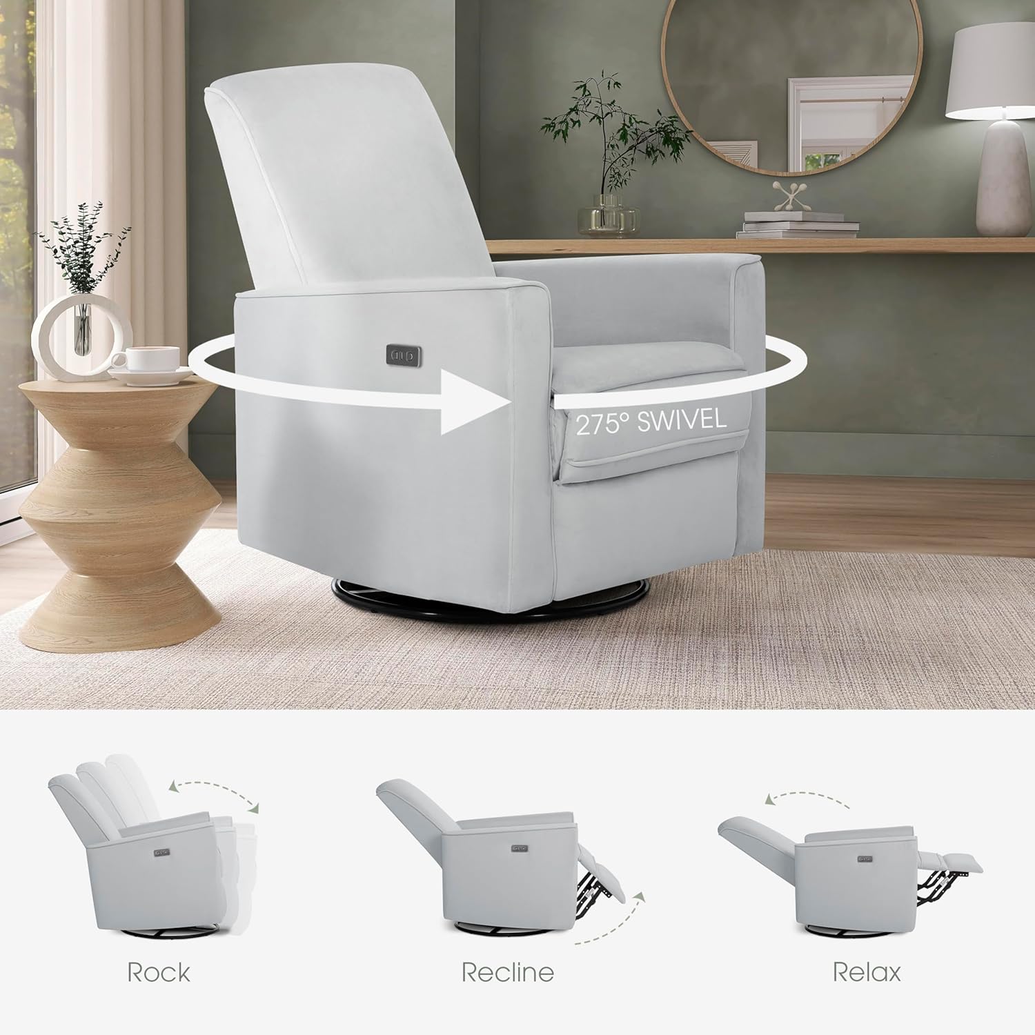 évolur Harlow Upholstered Power Glider Recliner with USB Charging – Rocking & 275° Swivel with Smooth Glide – Greenguard Gold & FSC