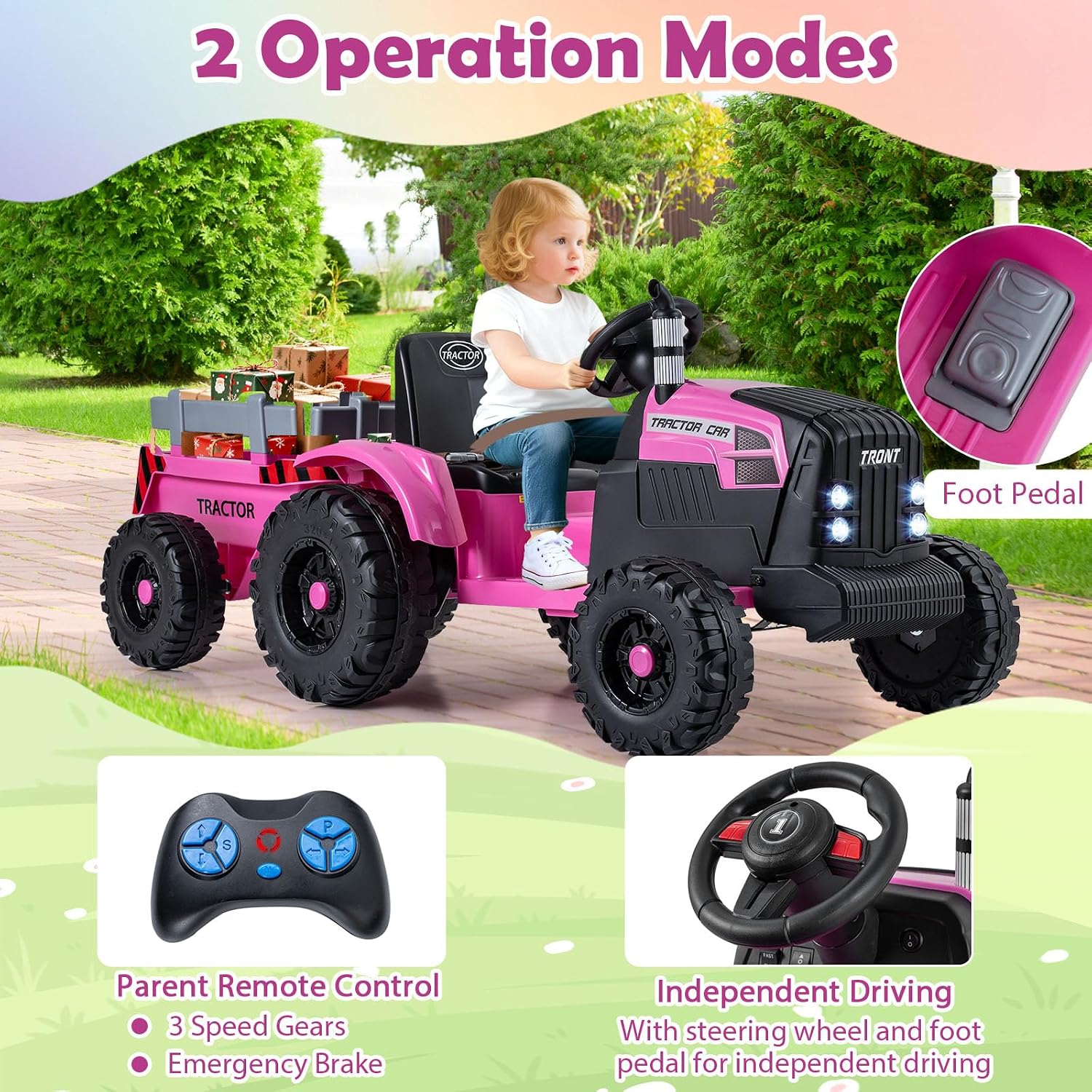 Costzon Ride on Tractor with Detachable Trailer, Kids' Electric Vehicles w/3-Gear-Shift Ground Loader, Wireless Design & USB, 7 LED Headlights